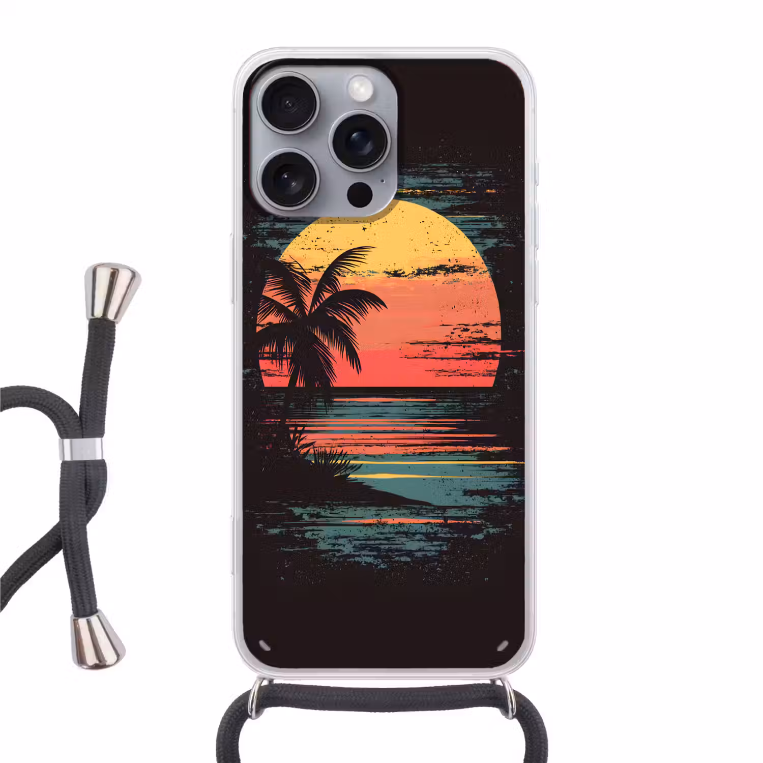 Strand - Minimalistisch - Zon - Oranje Hoesje iPhone 16 Pro Max met koord klein -3d