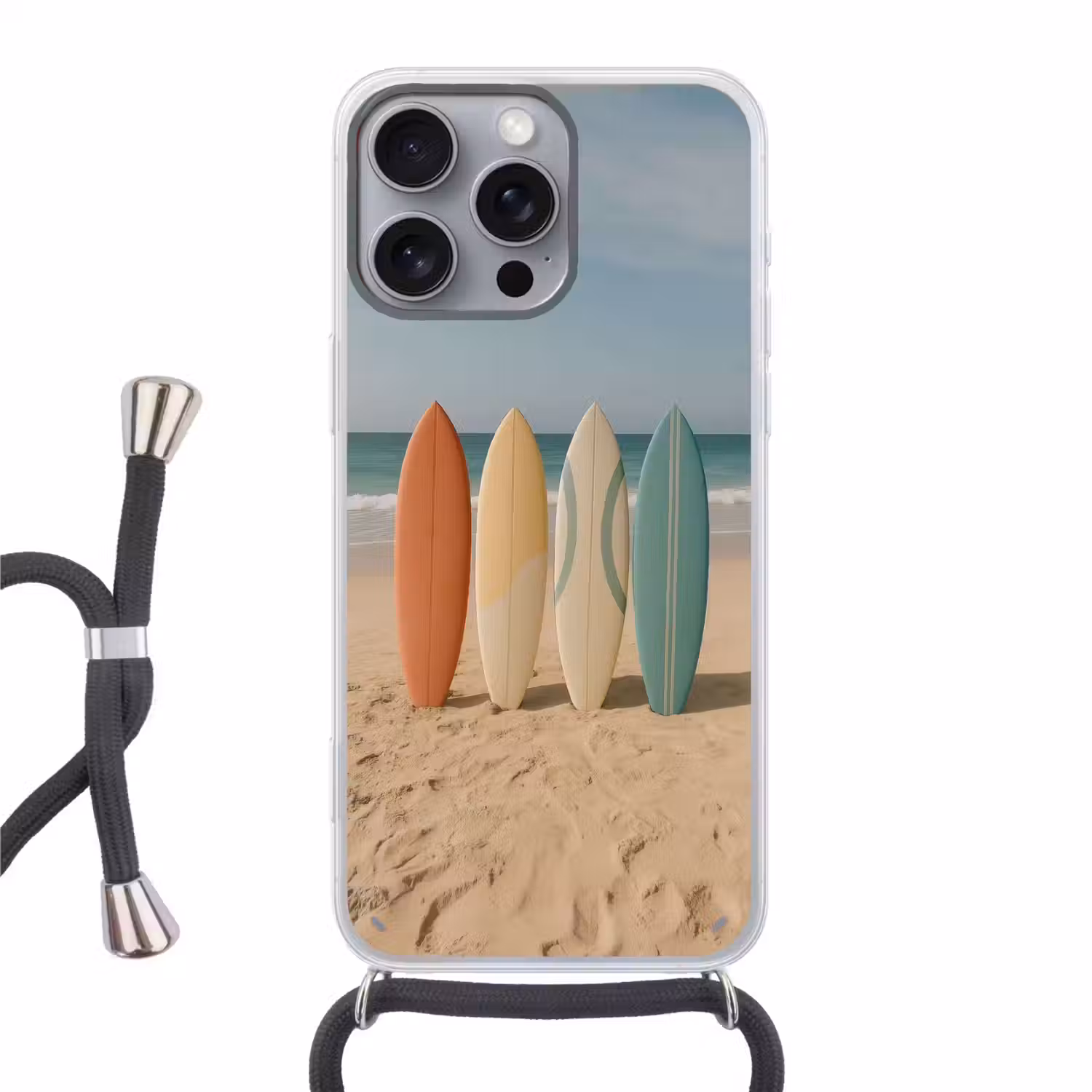Strand - Surfbord - Pastel Hoesje iPhone 16 Pro Max met koord klein -3d