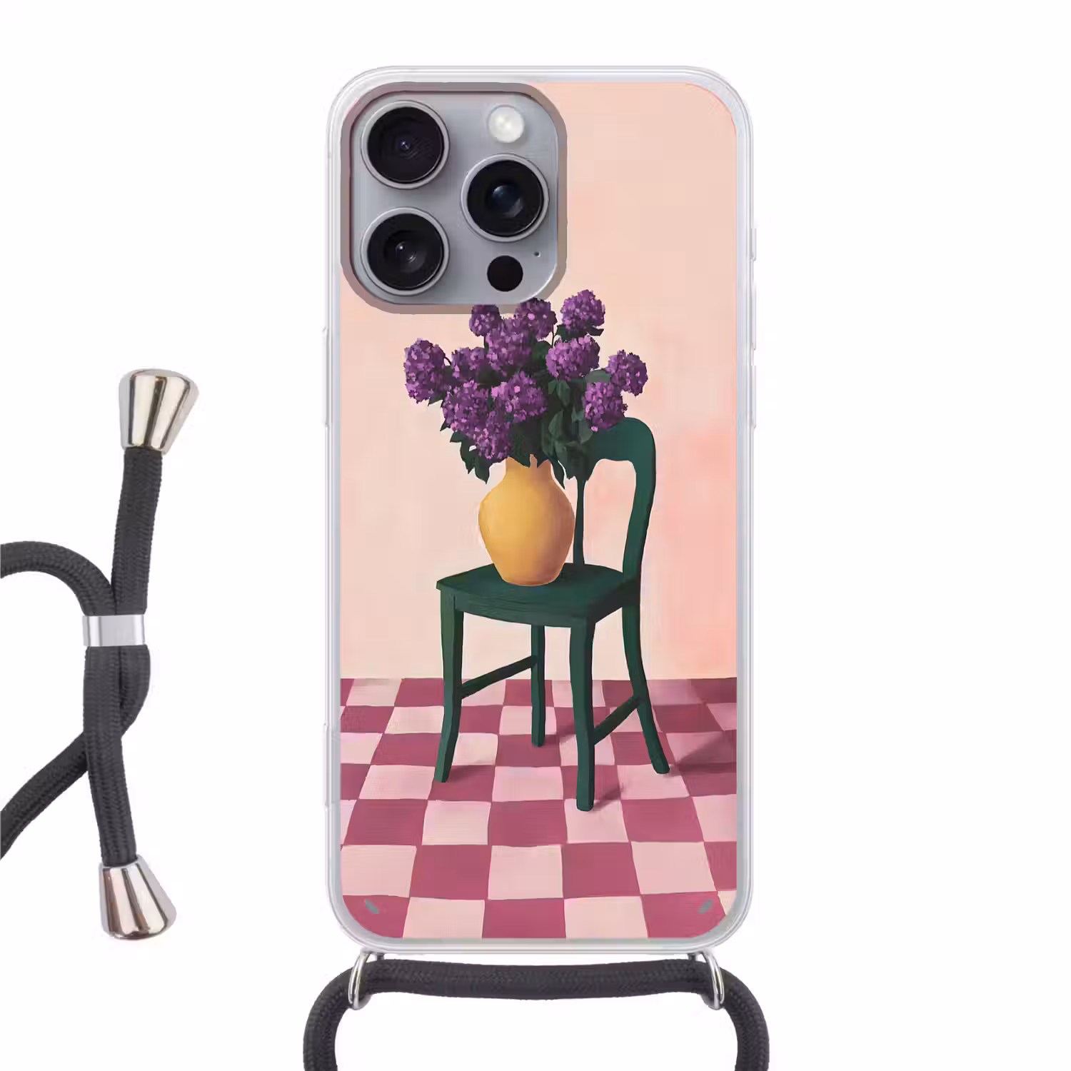 Stoel - Vaas - Bloemen - Geblokt Hoesje iPhone 16 Pro Max met koord klein -3d