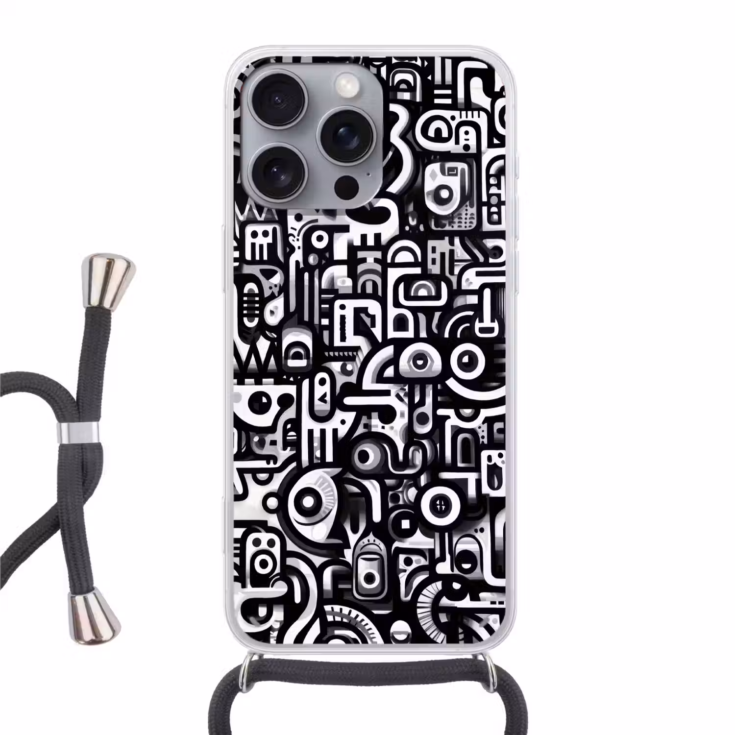Symbolen - Abstract - Grafisch - Zwart Hoesje iPhone 16 Pro Max met koord klein -3d