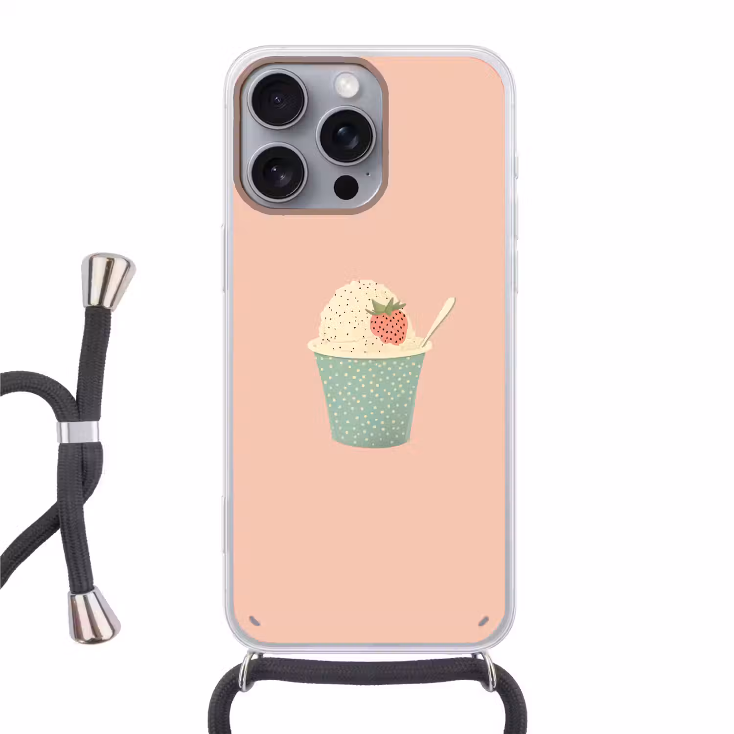 Bakje - Ijs - Aardbei - Roze Hoesje iPhone 16 Pro Max met koord klein -3d