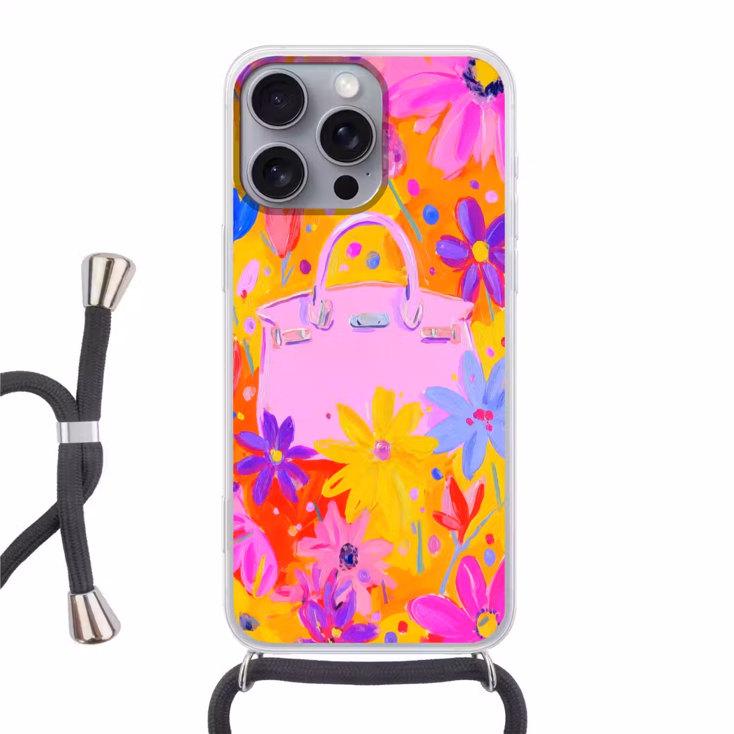 Tas - Roze - Bloemen Hoesje iPhone 16 Pro Max met koord klein -3d