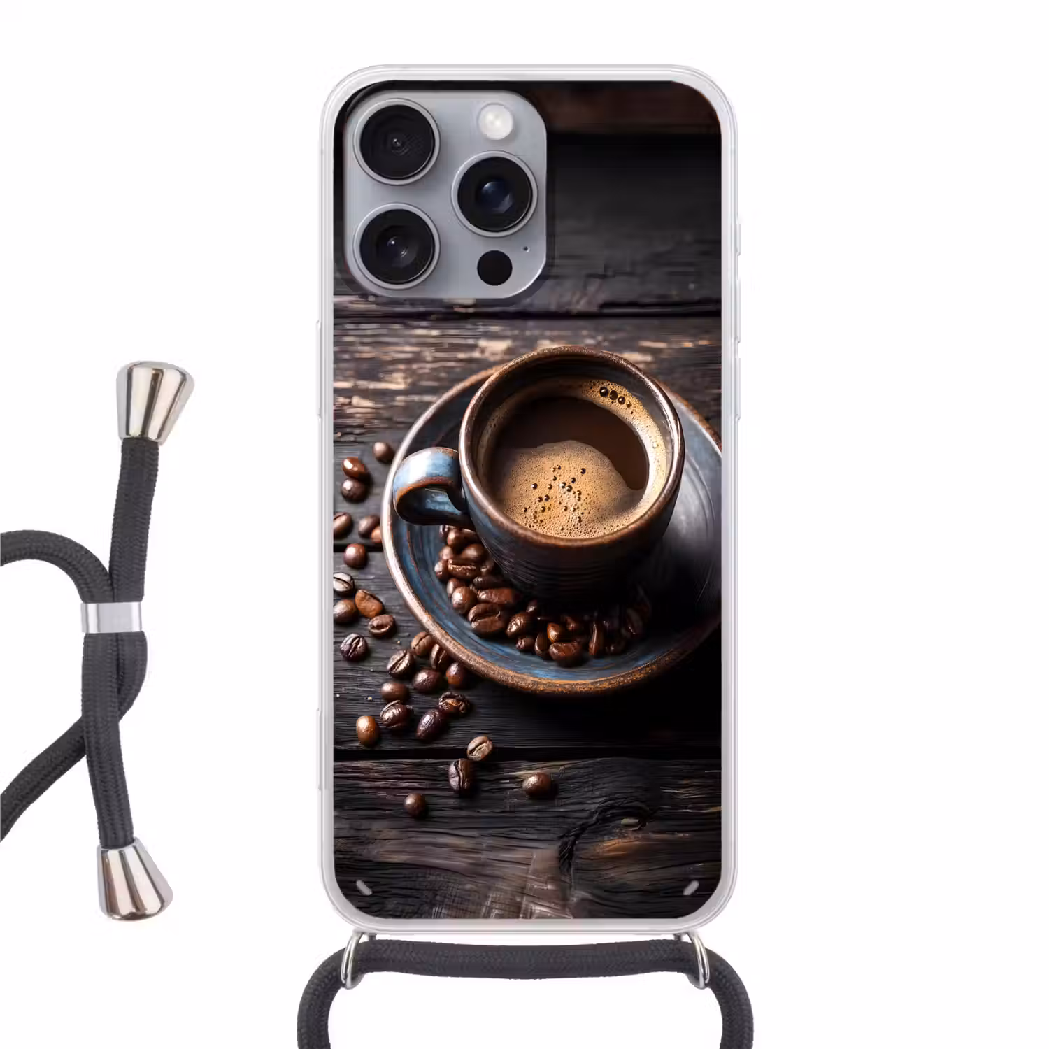 Kop - Koffie - Hout - Bonen Hoesje iPhone 16 Pro Max met koord klein -3d