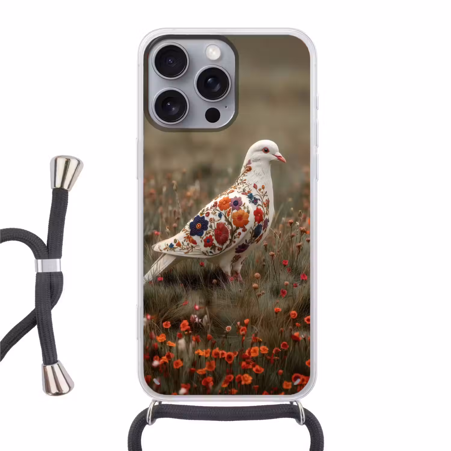 Duif - Bloemen - Natuur Hoesje iPhone 16 Pro Max met koord klein -3d