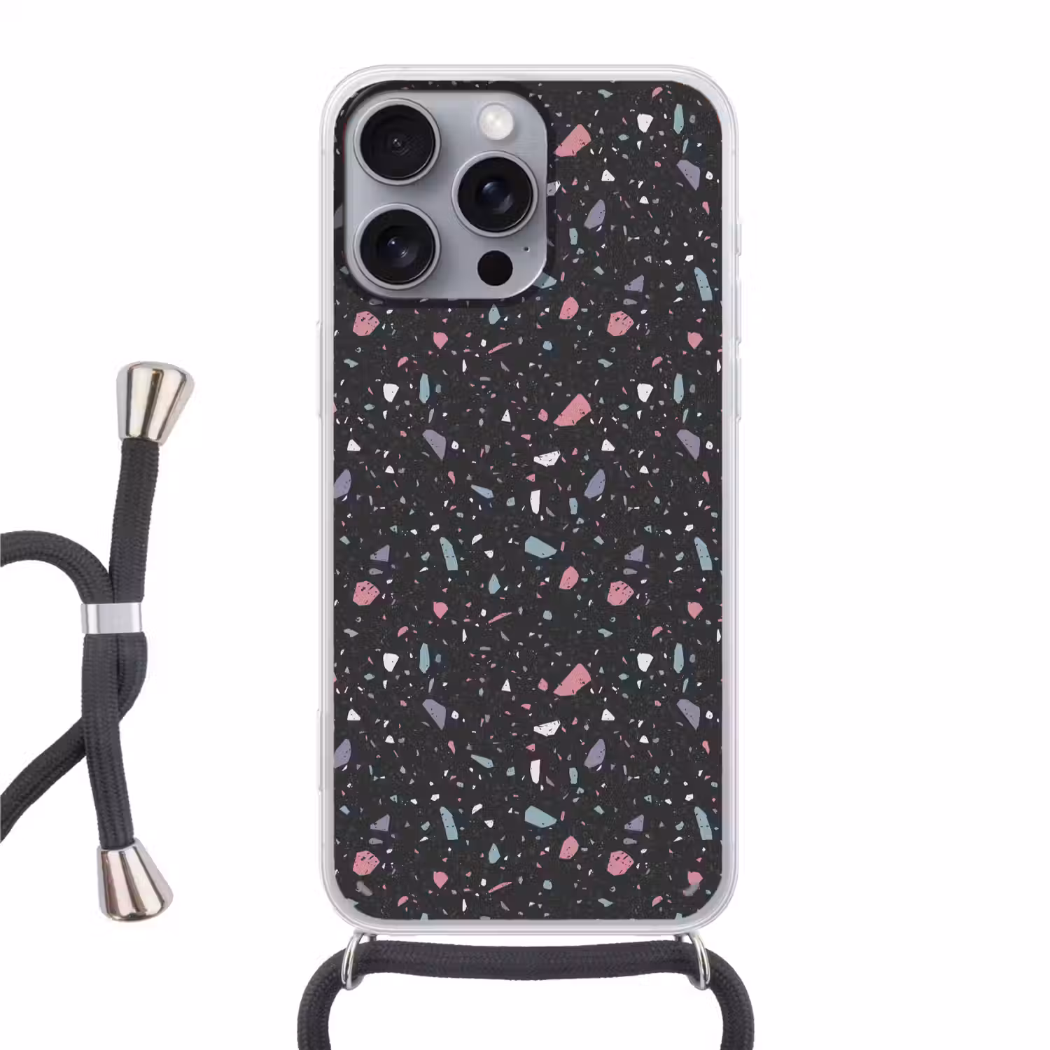Terrazzo - Patroon - Zwart - Zacht Hoesje iPhone 16 Pro Max met koord klein 804 -3d