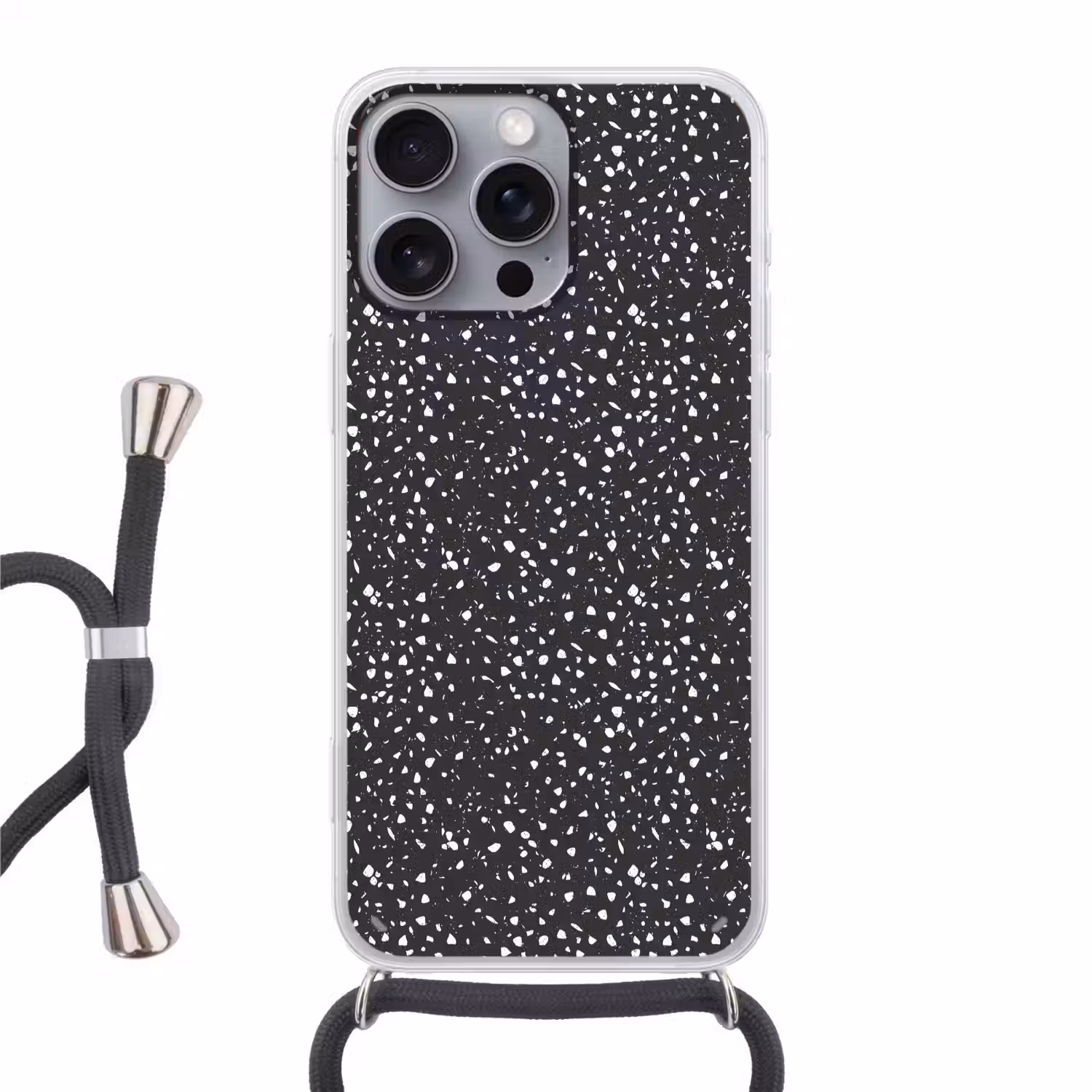 Terrazzo - Patroon - Zwart - Wit Hoesje iPhone 16 Pro Max met koord klein 804 -3d
