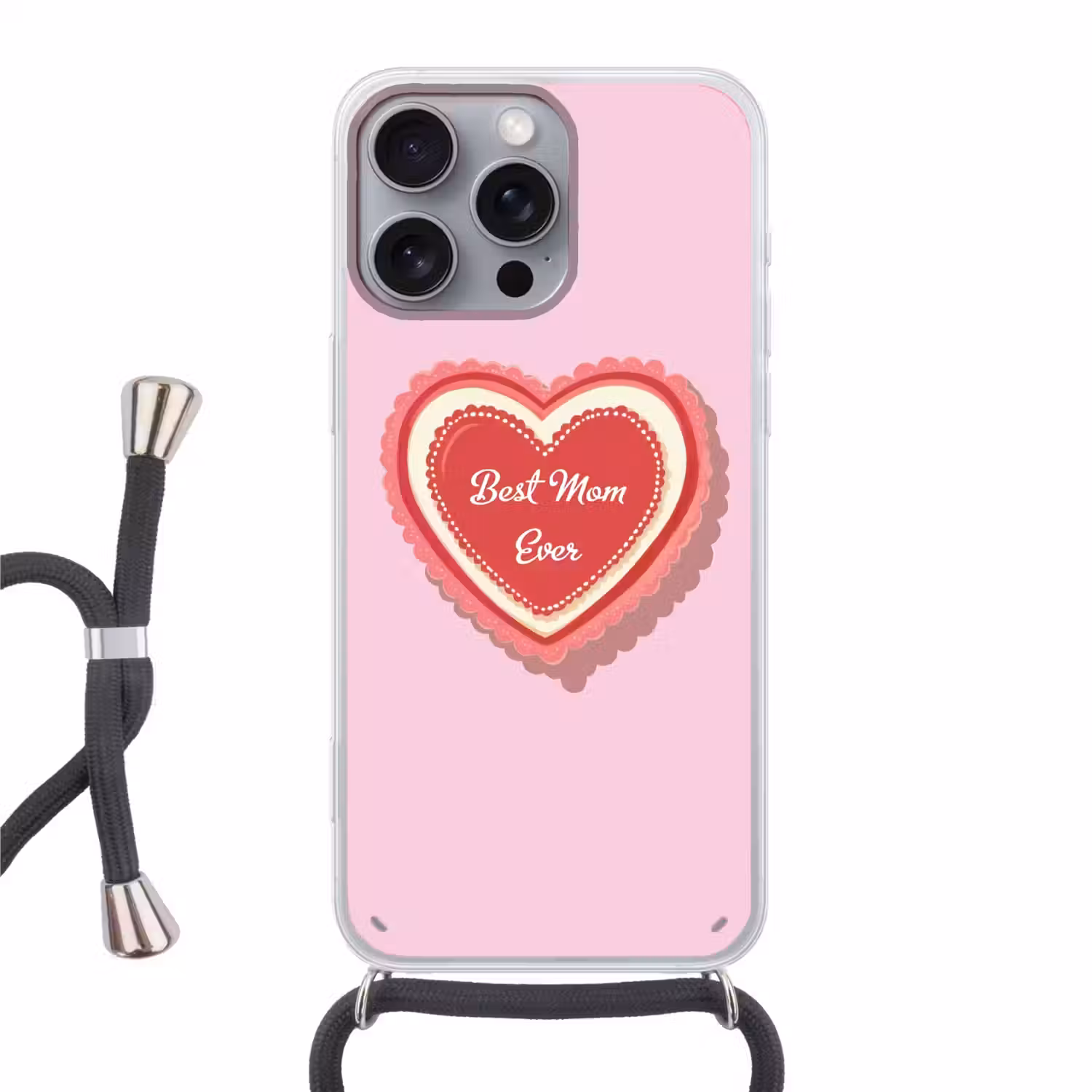 Tekst - Hartje - Moeder - Roze Hoesje iPhone 16 Pro Max met koord klein -3d