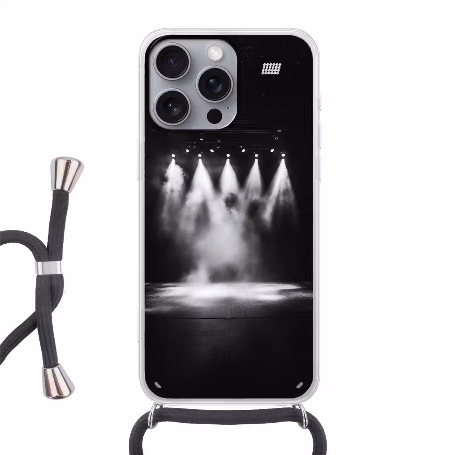 Theaterzaal - Mist - Spotlights - Zwart Hoesje iPhone 16 Pro Max met koord klein -3d