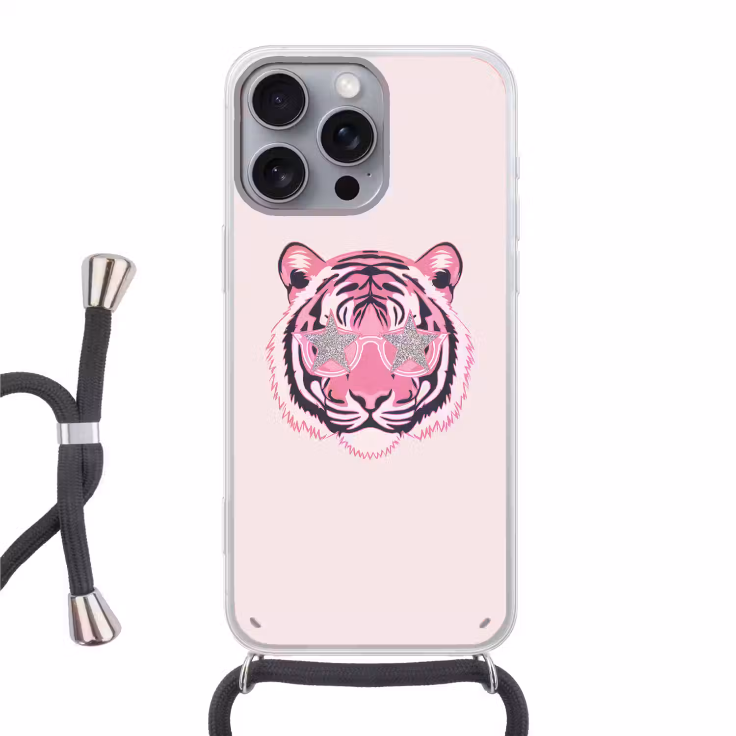 Tijger - Glitterzonnebril - Roze Hoesje iPhone 16 Pro Max met koord klein -3d