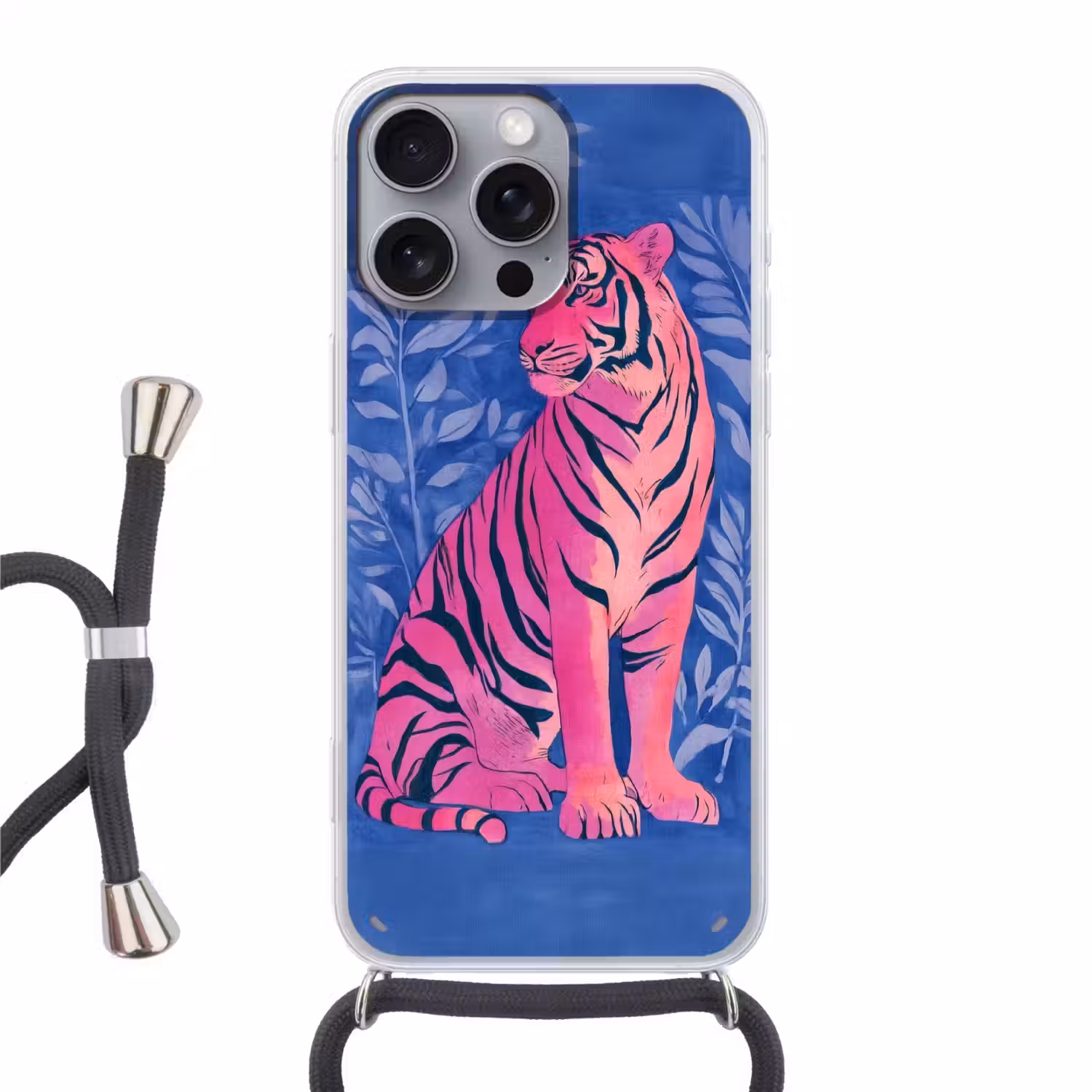 Tijger - Roze - Bladeren - Jungle Hoesje iPhone 16 Pro Max met koord klein -3d