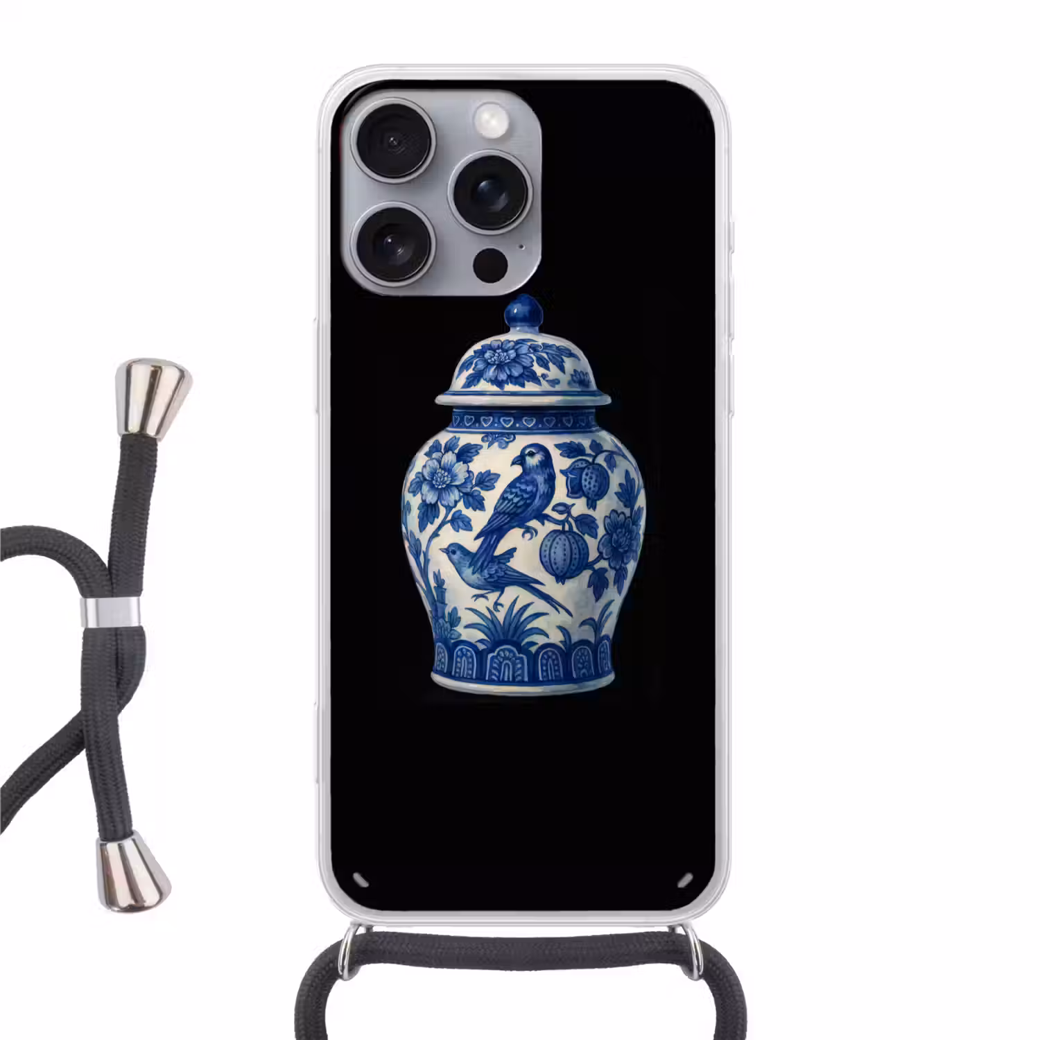 Pot - Delfts Blauw - Bloemen Hoesje iPhone 16 Pro Max met koord klein -3d