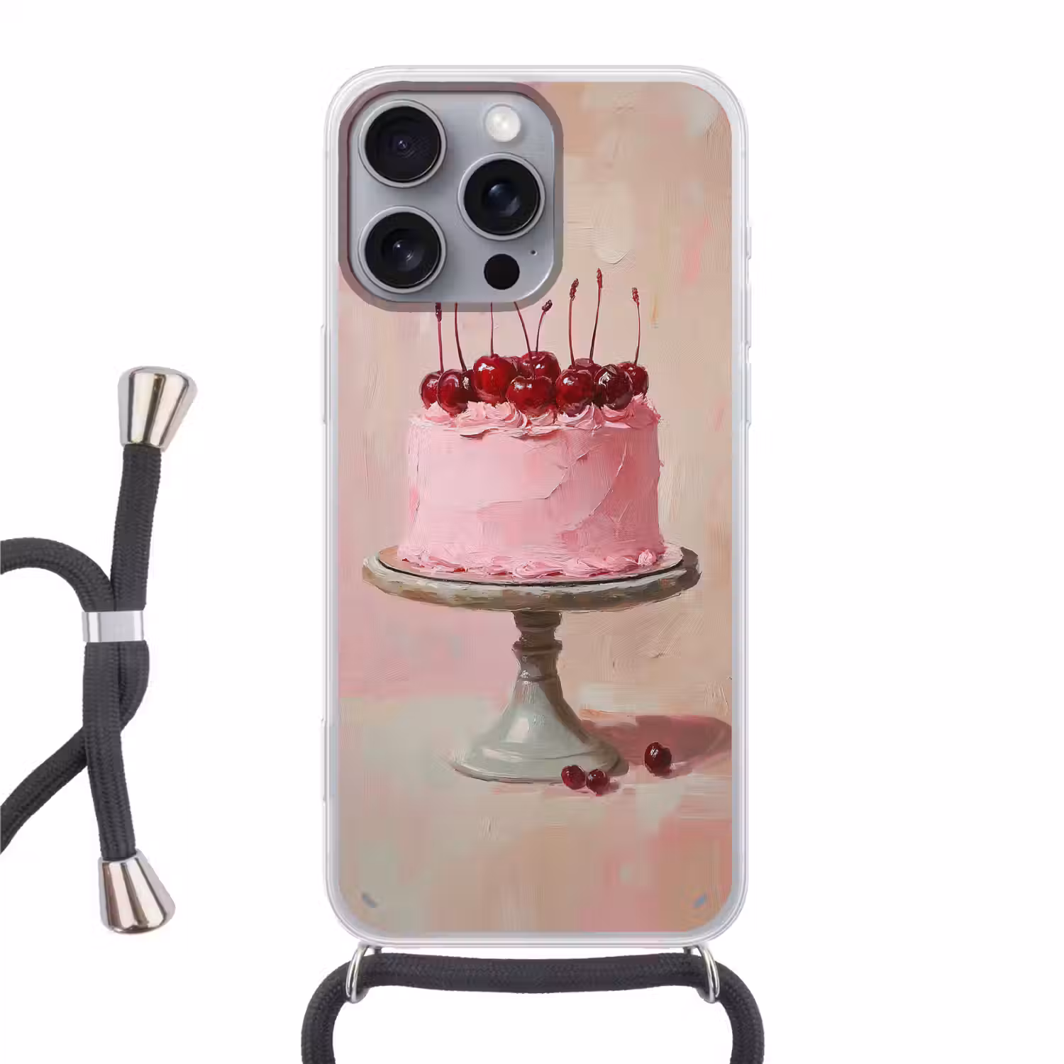Taart - Pink - Cherry Hoesje iPhone 16 Pro Max met koord klein -3d