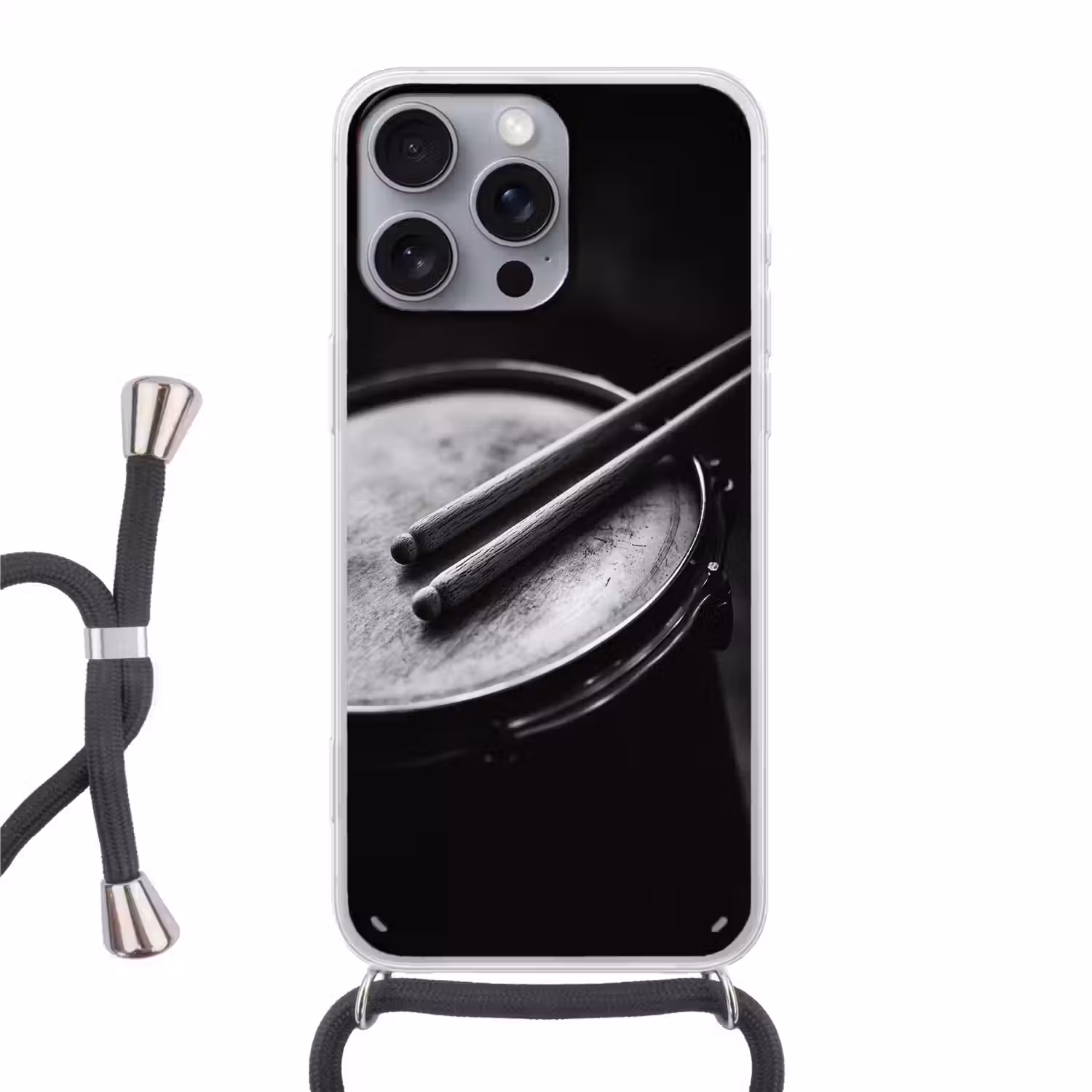 Trommel - Close-up - Drumstokken - Zwart Hoesje iPhone 16 Pro Max met koord klein -3d