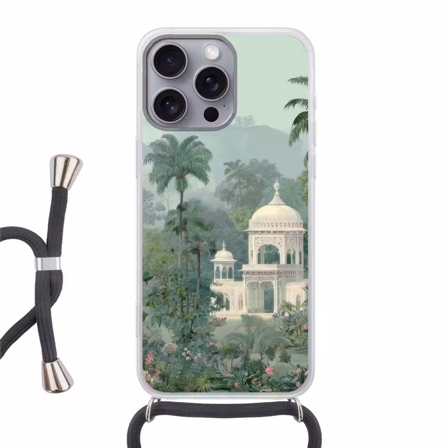 Tropische tuin - Koepelgebouw - Bloemen Hoesje iPhone 16 Pro Max met koord klein -3d