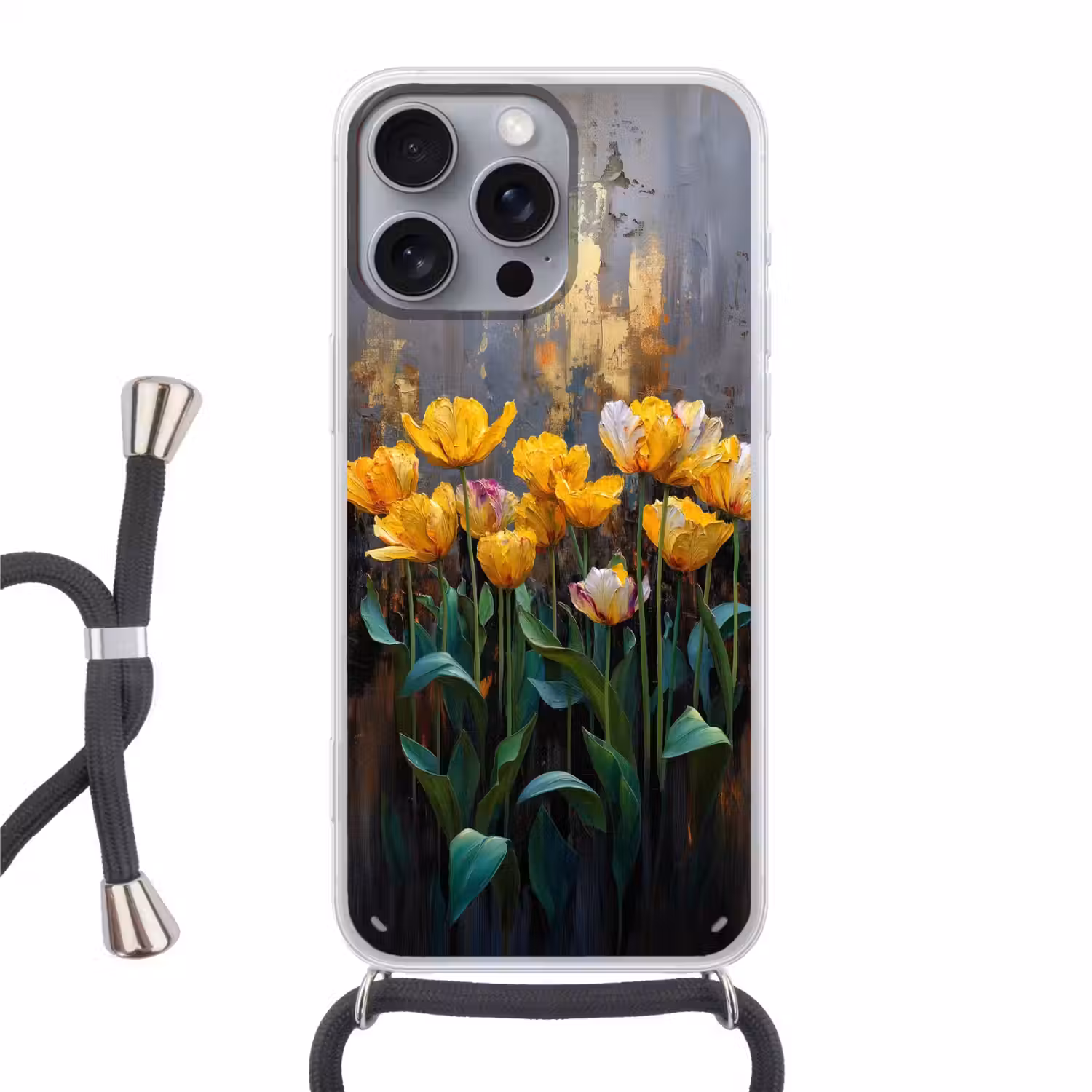 Tulpen - Geel - Penseelstreken - Abstract Hoesje iPhone 16 Pro Max met koord klein -3d