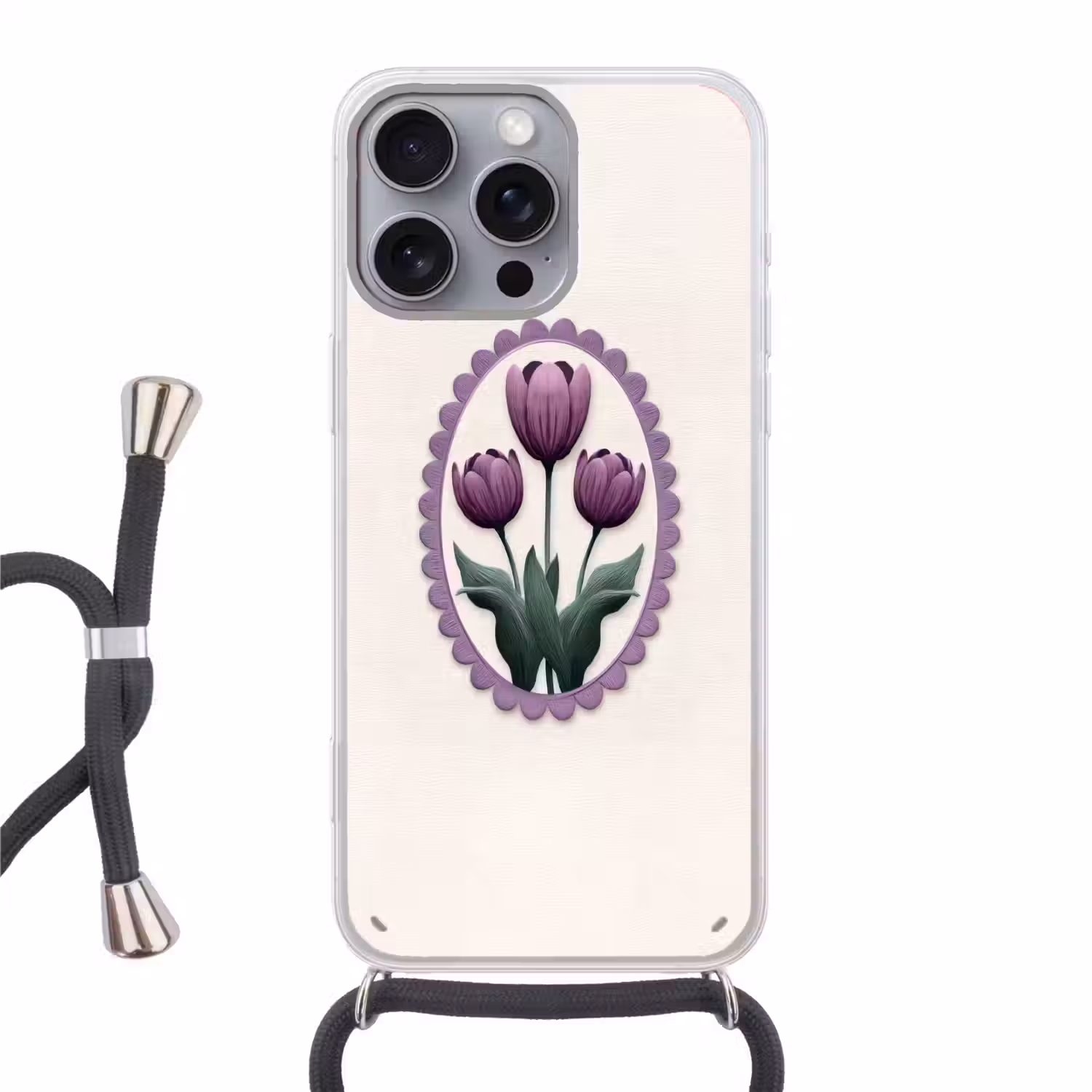 Tulpen - Paars - Lijst - Bladeren Hoesje iPhone 16 Pro Max met koord klein -3d