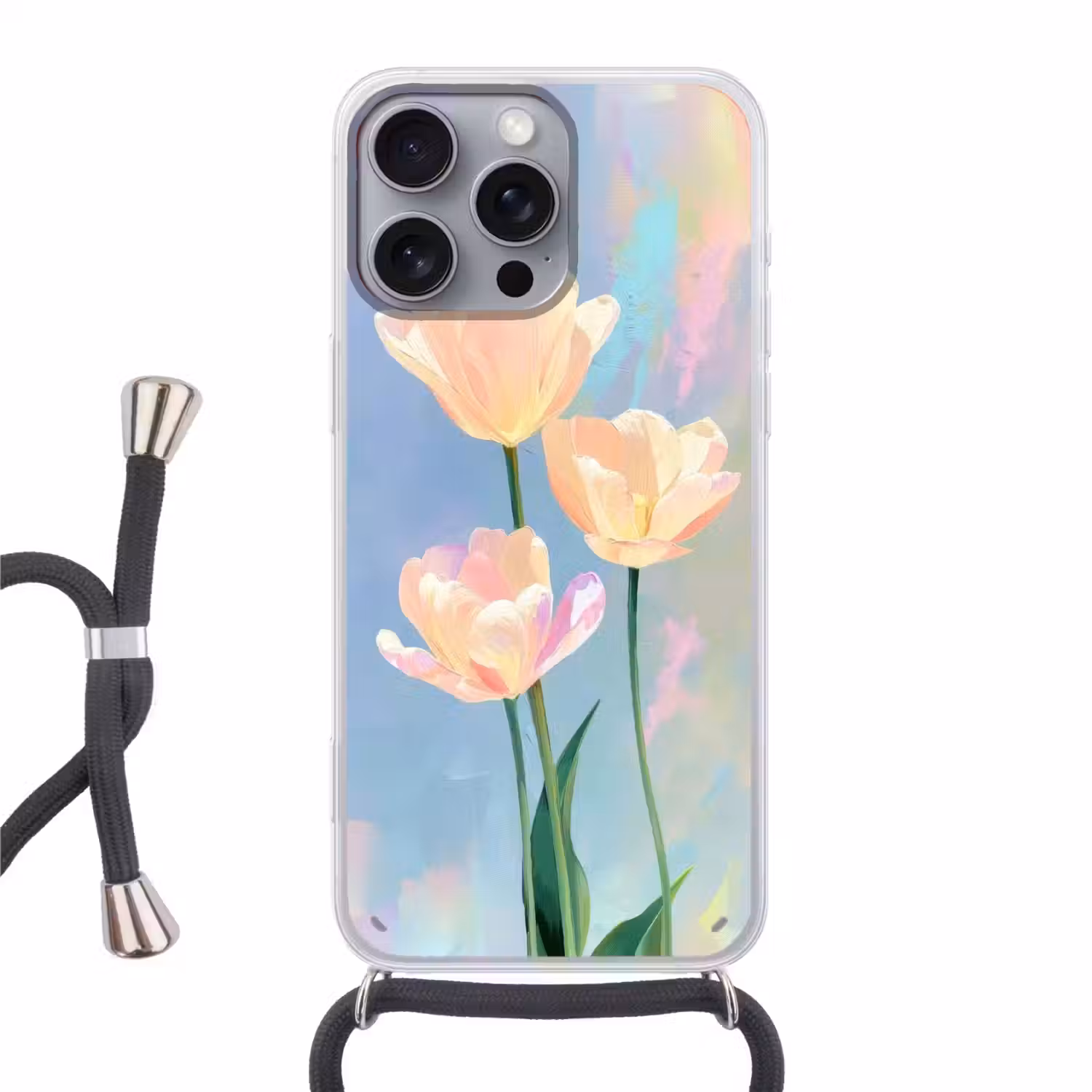 Tulpen - Roze accenten - Blauw Hoesje iPhone 16 Pro Max met koord klein -3d