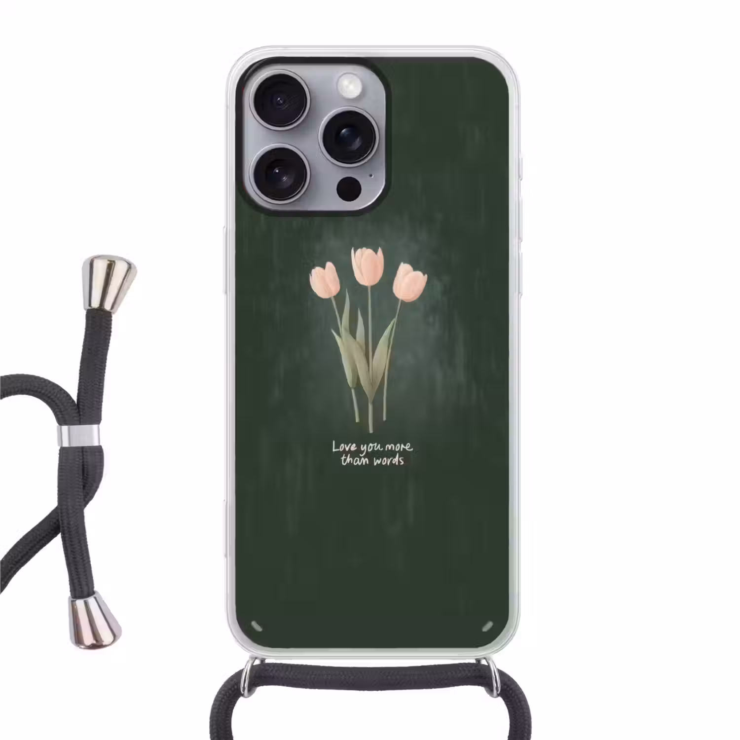 Tulpen - Roze - Tekst - Love Hoesje iPhone 16 Pro Max met koord klein -3d