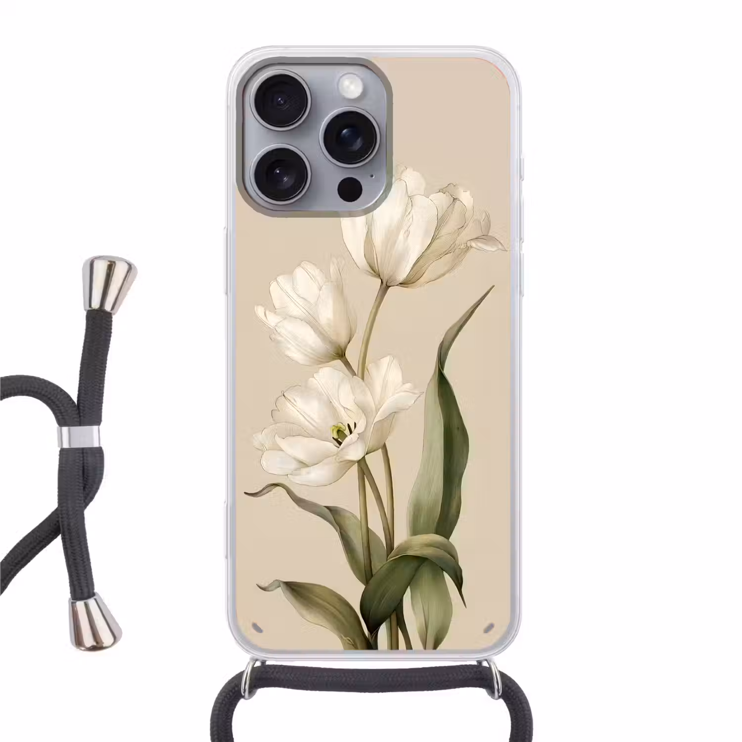 Tulpen - Wit - Bladeren Hoesje iPhone 16 Pro Max met koord klein -3d