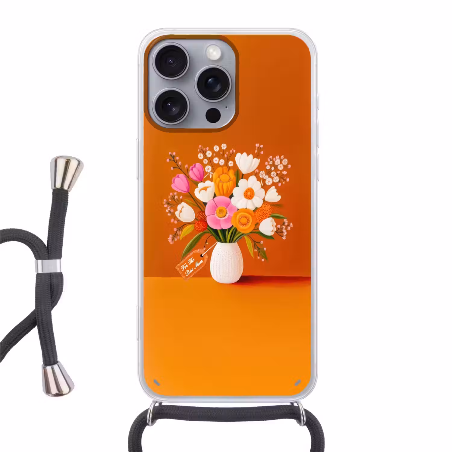 Vaas - Bloemen - Oranje Hoesje iPhone 16 Pro Max met koord klein -3d