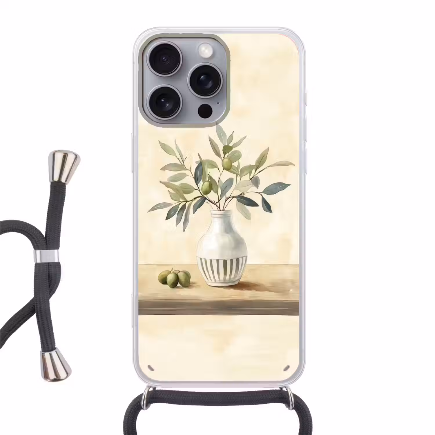 Vaas - Keramiek - Olijftakken Hoesje iPhone 16 Pro Max met koord klein -3d