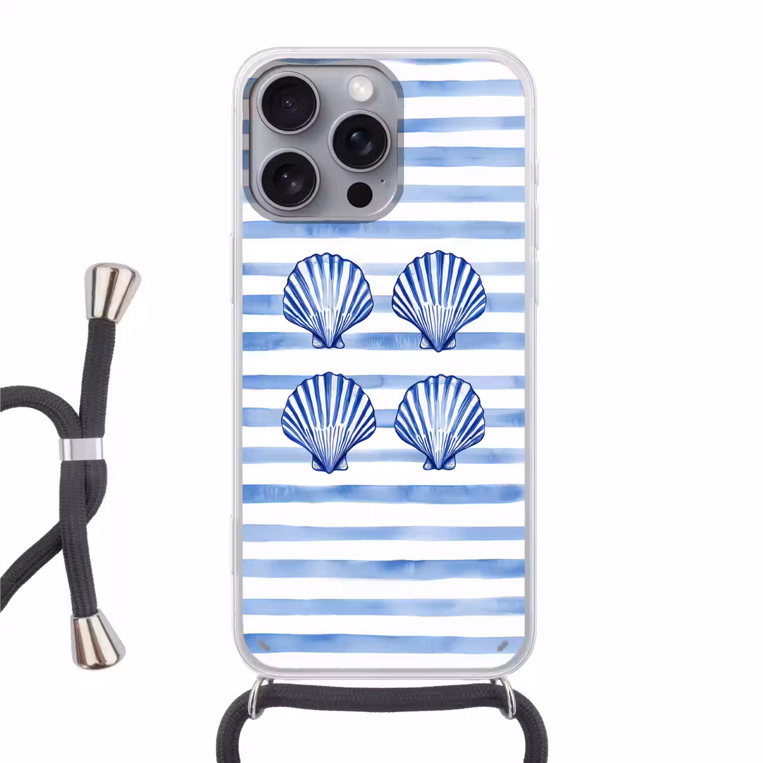 Vier schelpen - Blauw - Wit - Strepen Hoesje iPhone 16 Pro Max met koord klein -3d