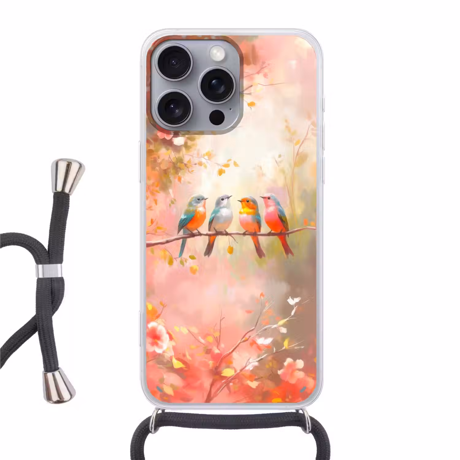 Vogels - Kleurrijk - Tak Hoesje iPhone 16 Pro Max met koord klein -3d
