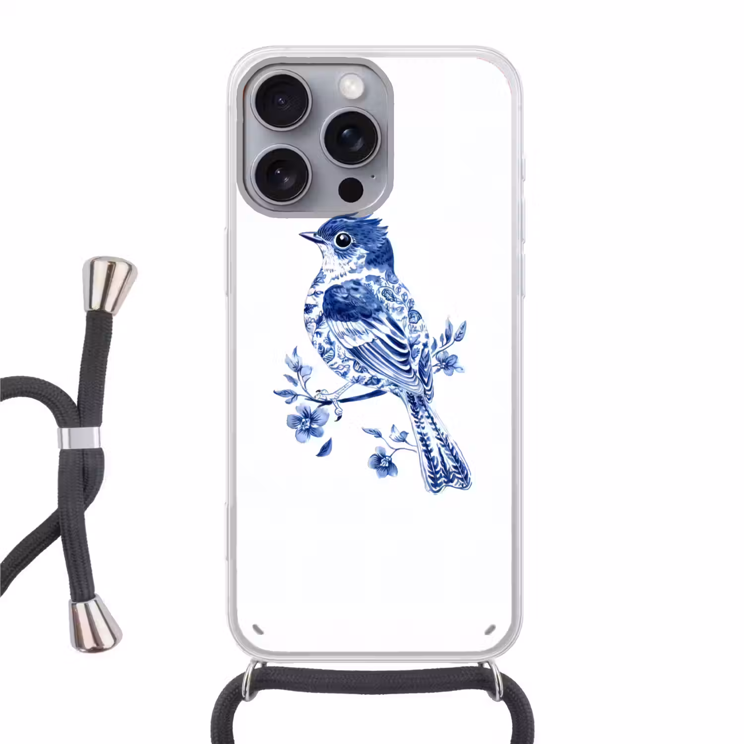 Vogel - Delfts blauw - Illustratie - Bloemen Hoesje iPhone 16 Pro Max met koord klein -3d