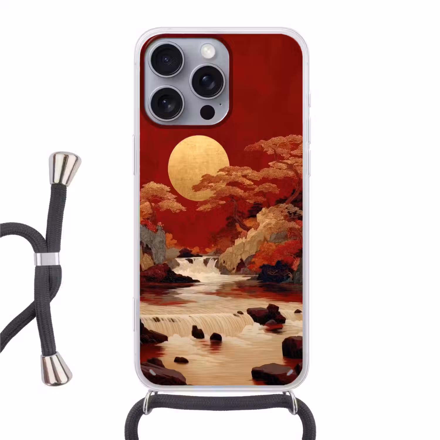 Volle maan - Landschap - Waterval Hoesje iPhone 16 Pro Max met koord klein -3d