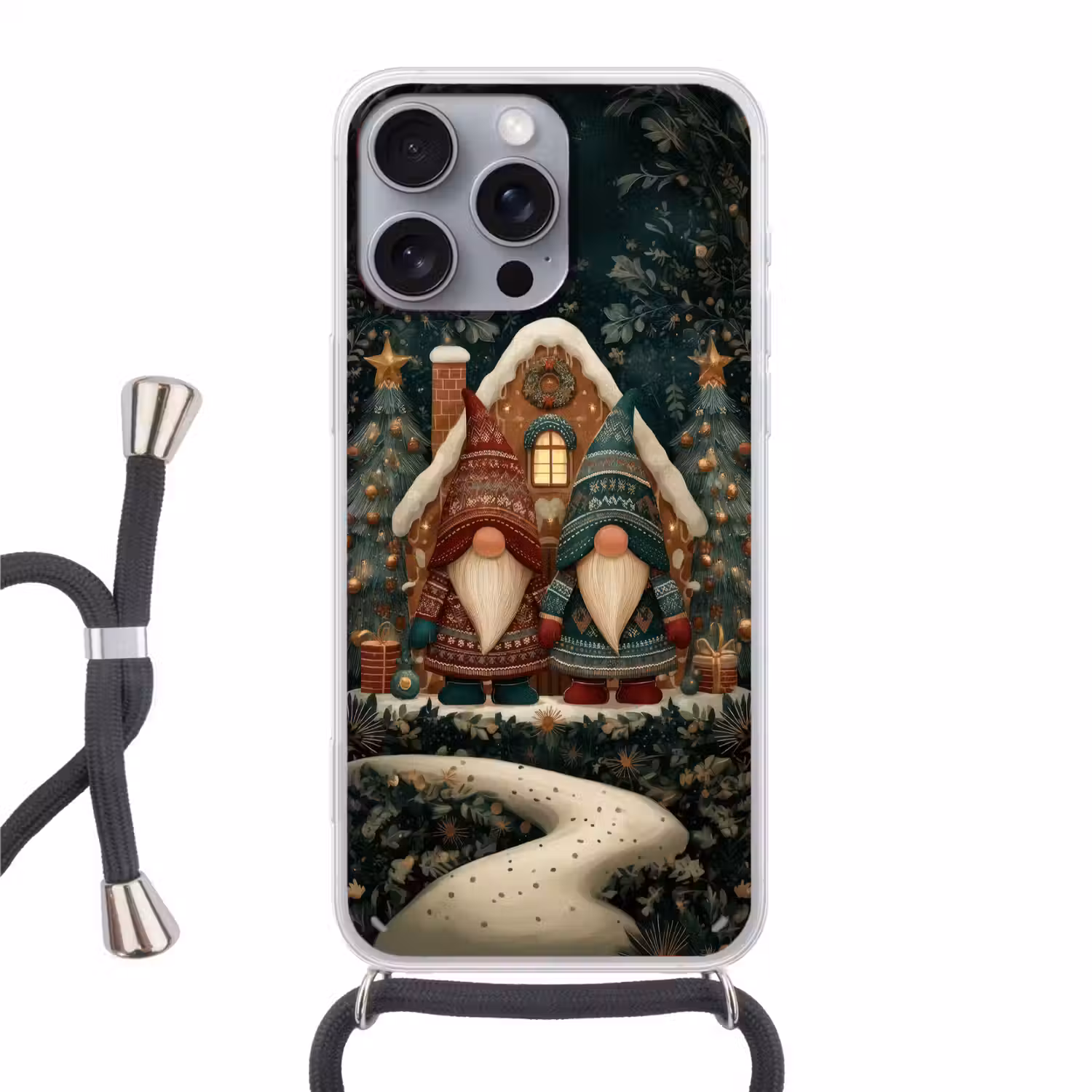 Kerst - Gnomen - Peperkoekhuisje - Rood - Groen Hoesje iPhone 16 Pro Max met koord klein -3d