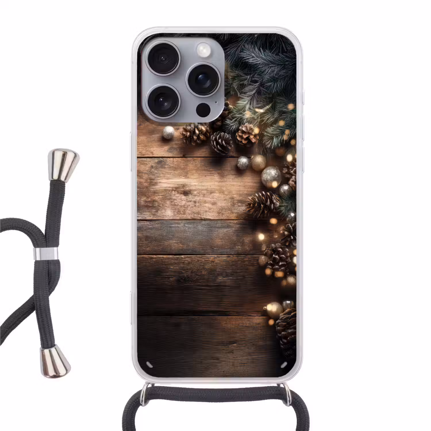 Kersthoekdecoratie - Dennenappels - Lichtjes Hoesje iPhone 16 Pro Max met koord klein -3d