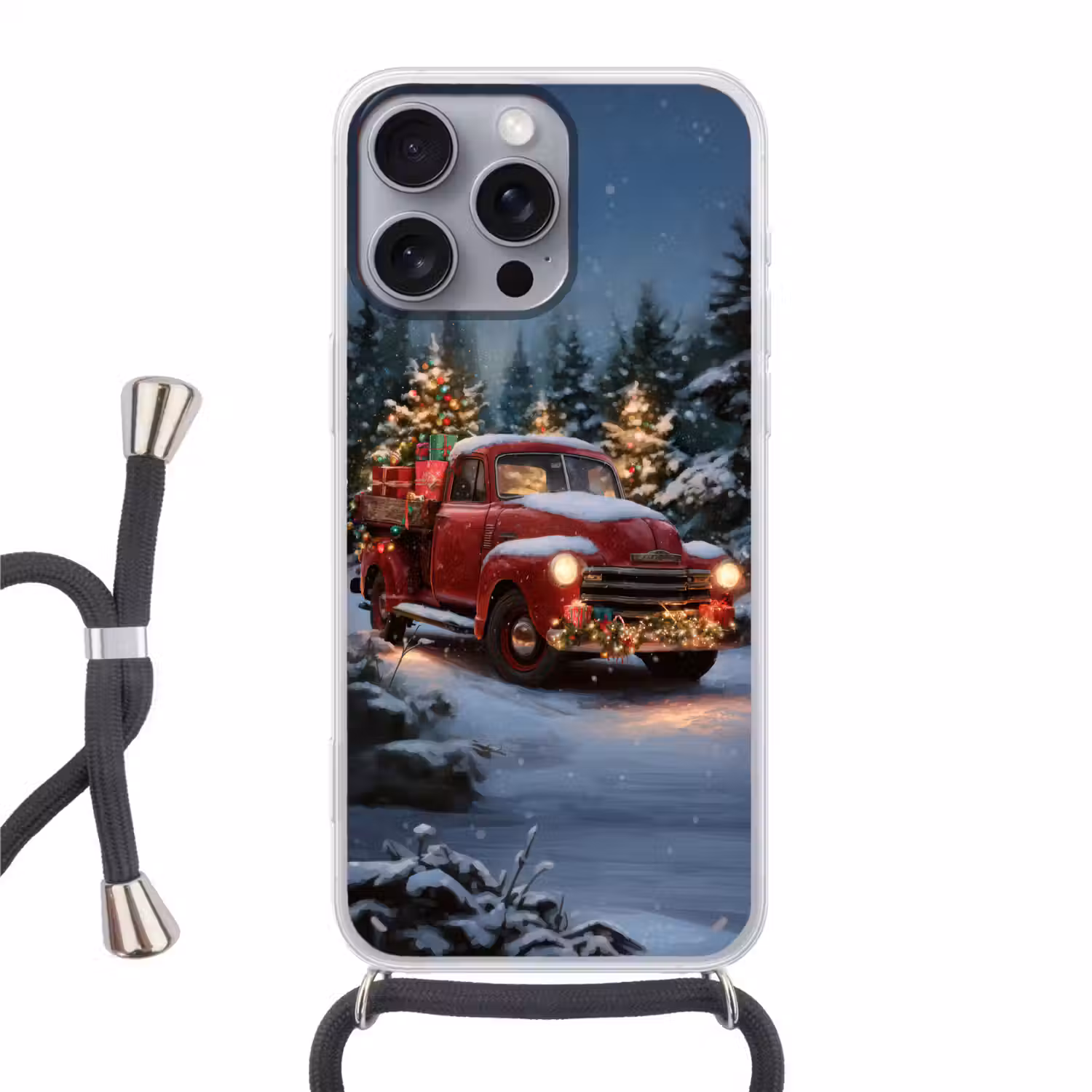 Kersttruck - Sneeuwbos - Rood Hoesje iPhone 16 Pro Max met koord klein -3d
