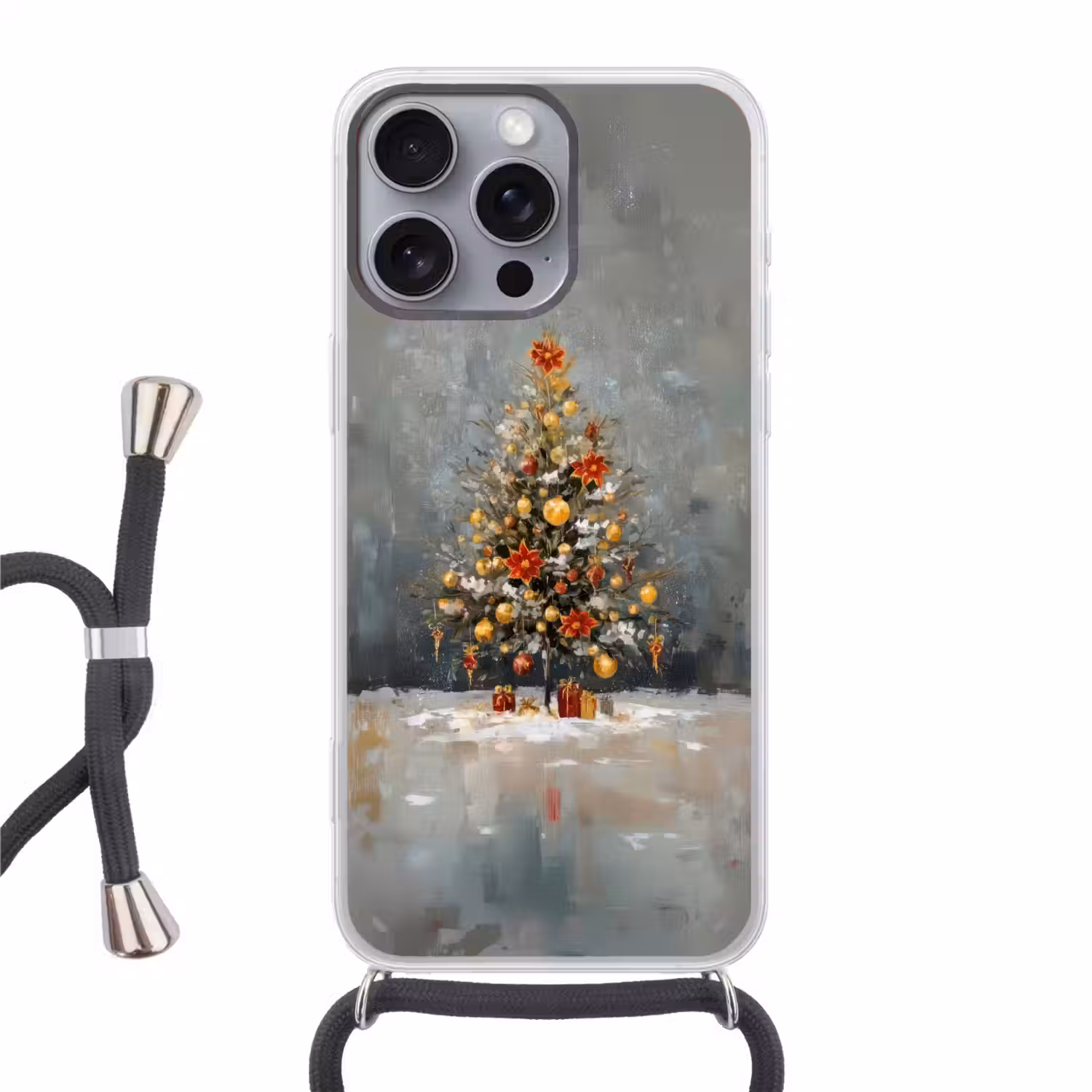 Kerstboom - Cadeaus - Rood - Goud Hoesje iPhone 16 Pro Max met koord klein -3d