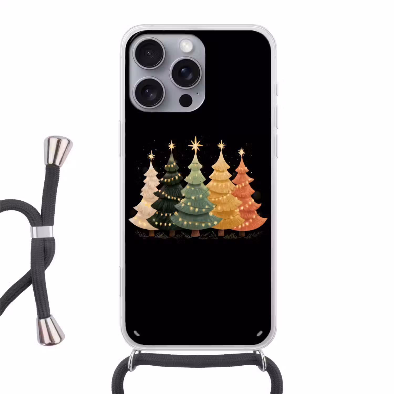 Kerstbomen - Kleurrijk - Lichtjes - Ster Hoesje iPhone 16 Pro Max met koord klein -3d