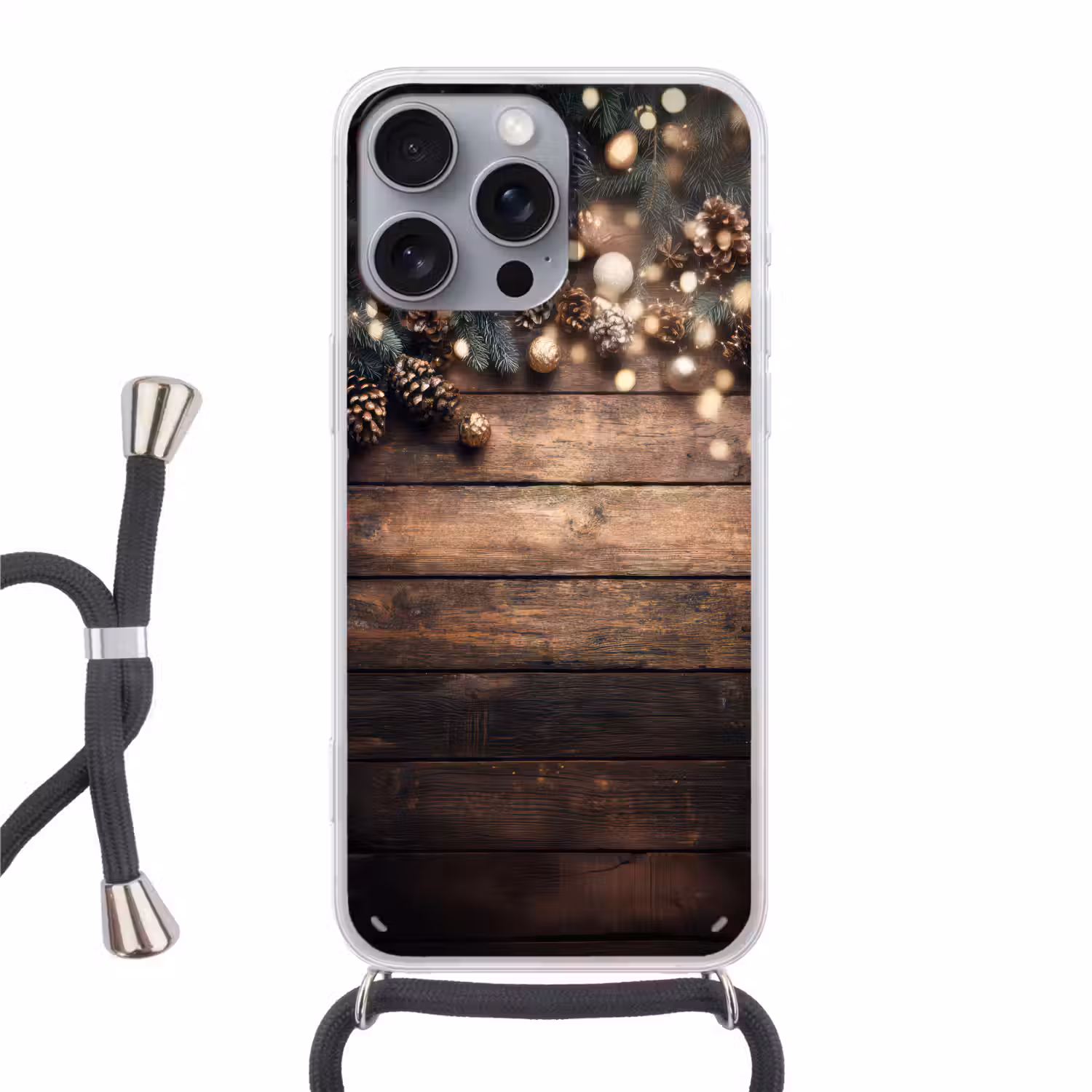 Kerstdecoratie - Houten - Dennenappel - Bruin Hoesje iPhone 16 Pro Max met koord klein -3d
