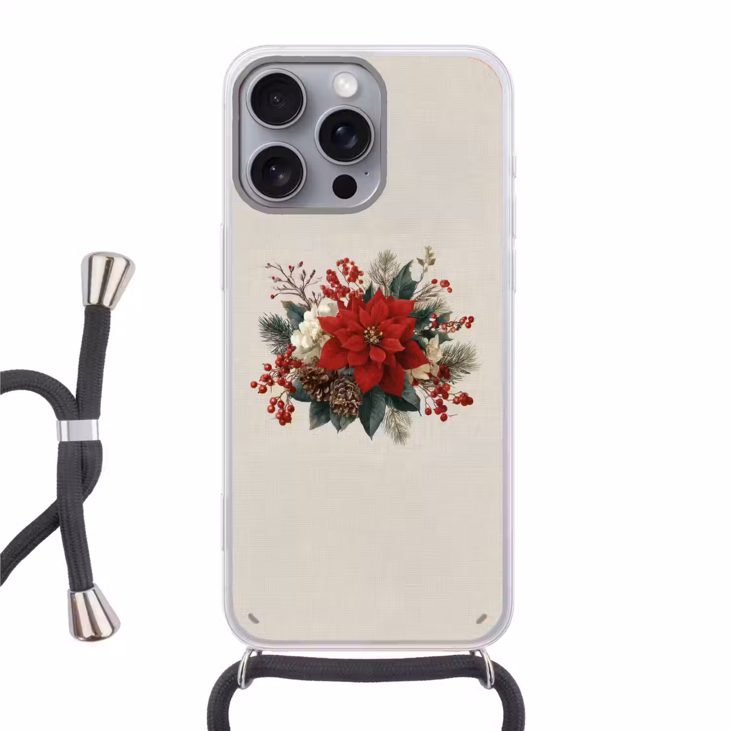 Kerststuk - Poinsettia - Dennenappels - Rood Hoesje iPhone 16 Pro Max met koord klein -3d