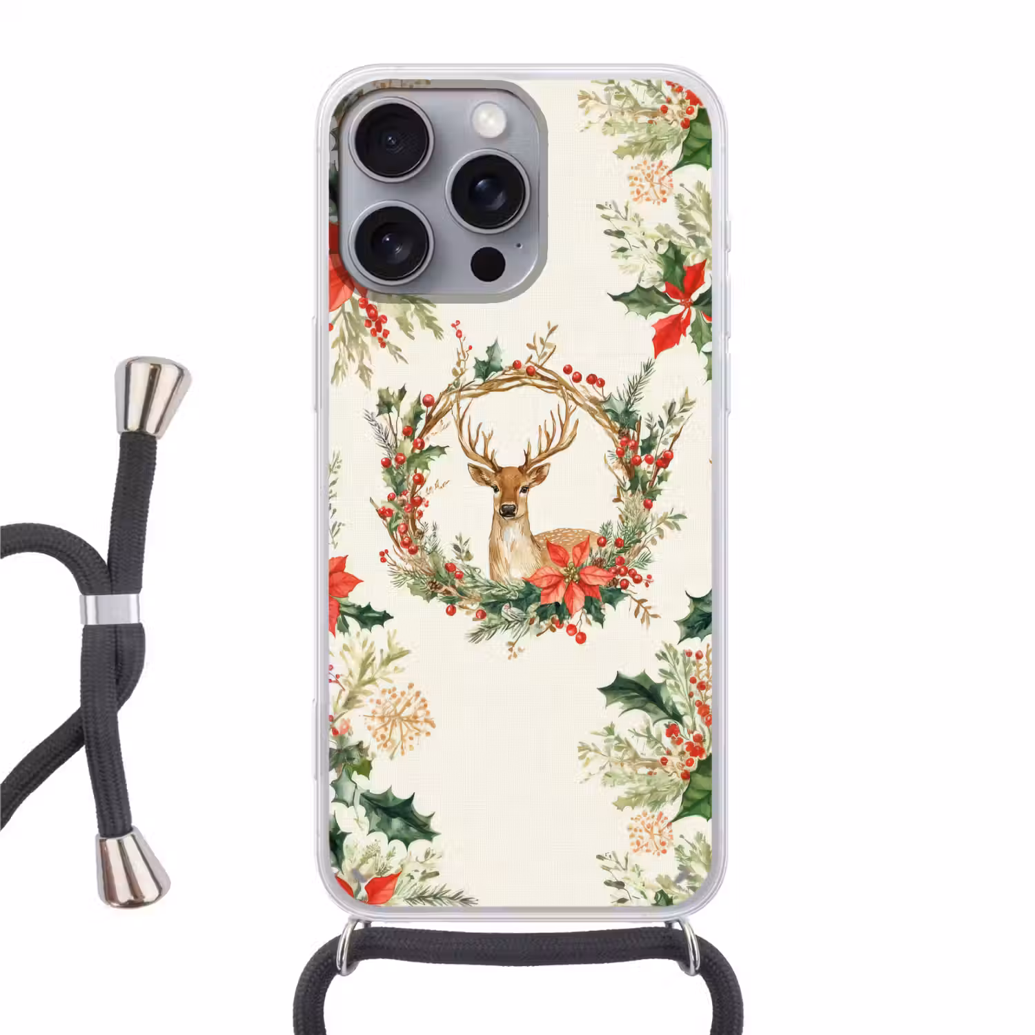 Kerstkrans - Hert - Hulst - Rood Hoesje iPhone 16 Pro Max met koord klein -3d