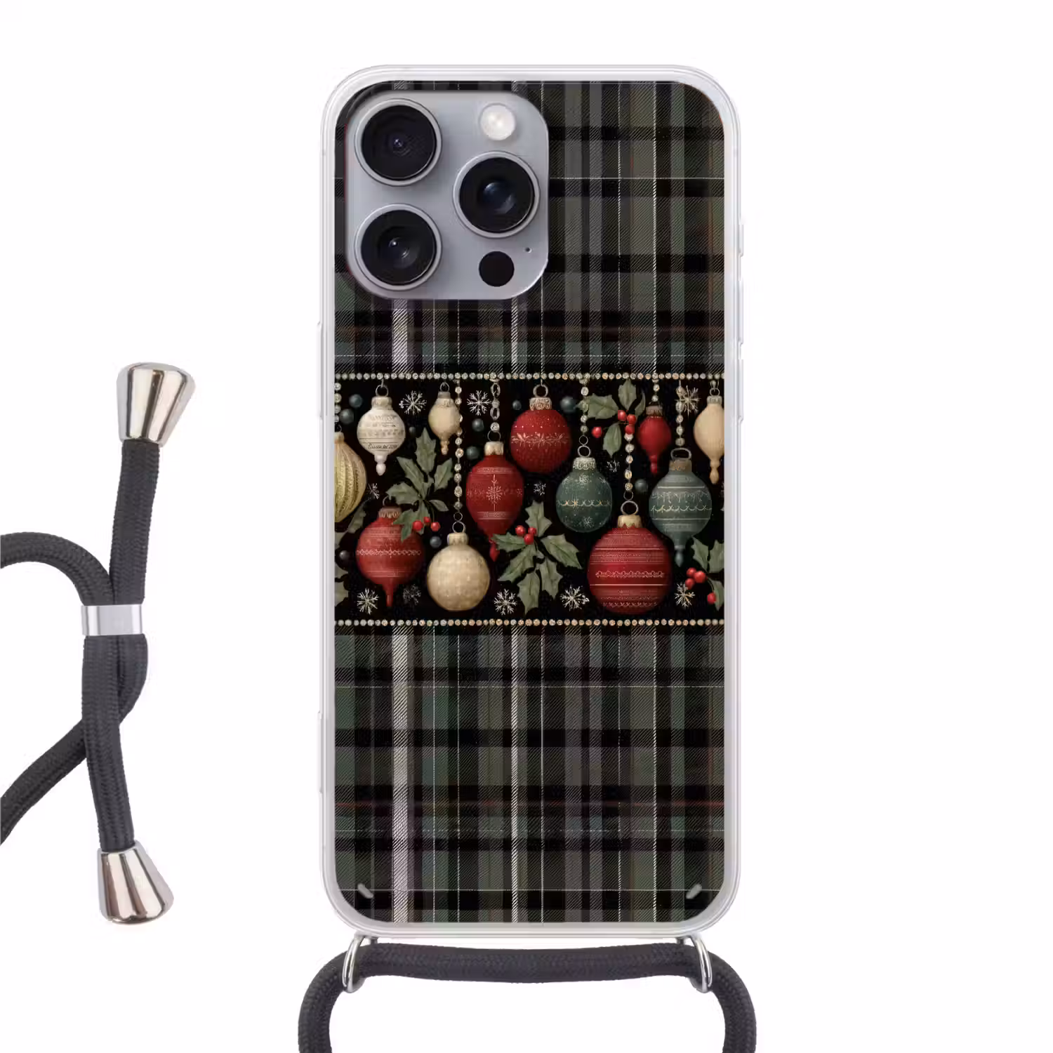 Kerstballen - Rood - Hulsttakken - Patroon Hoesje iPhone 16 Pro Max met koord klein -3d