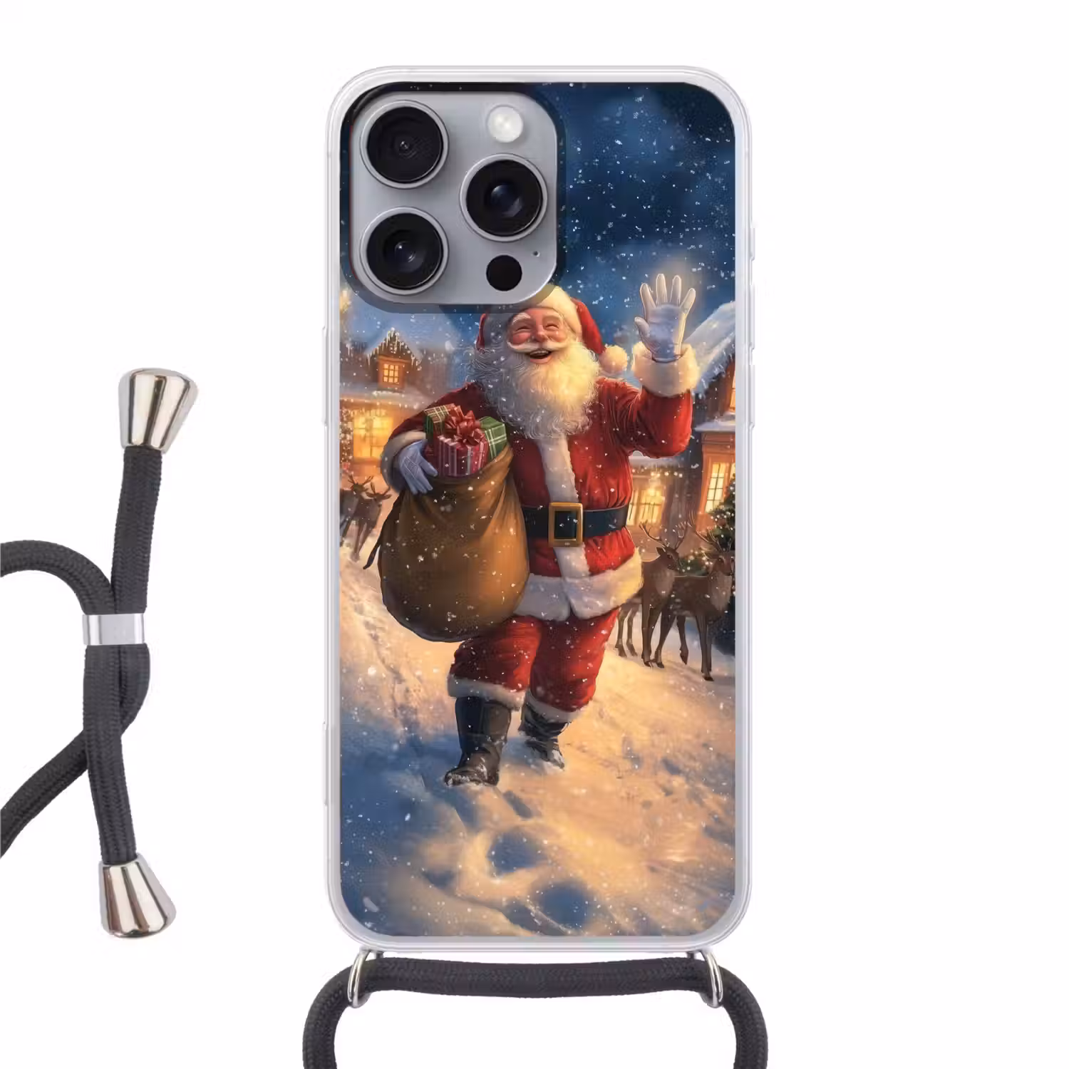 Kerstman - Dorp - Hert - Donker Hoesje iPhone 16 Pro Max met koord klein -3d