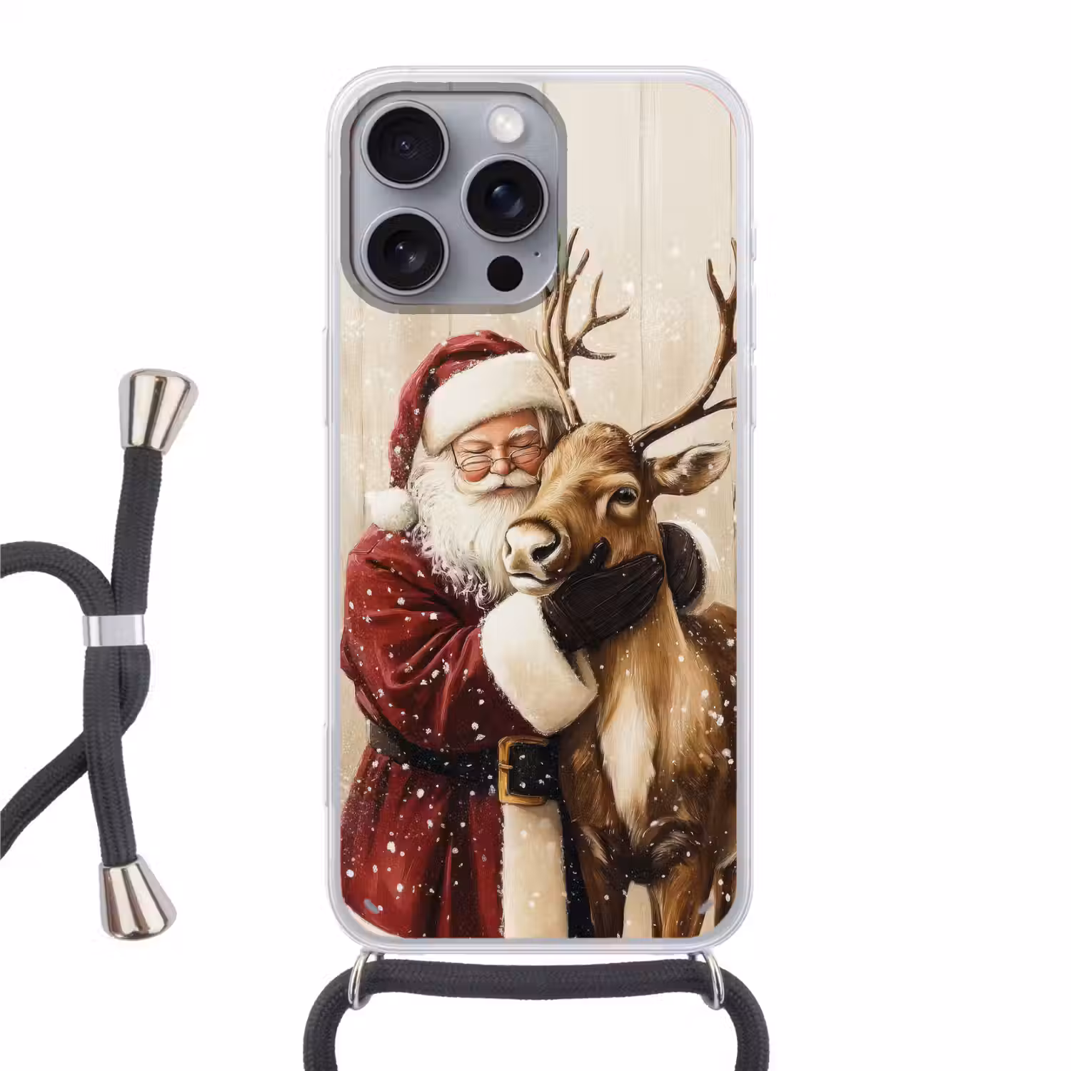 Kerstman - Rendier - Sneeuw - Kleurrijk Hoesje iPhone 16 Pro Max met koord klein -3d