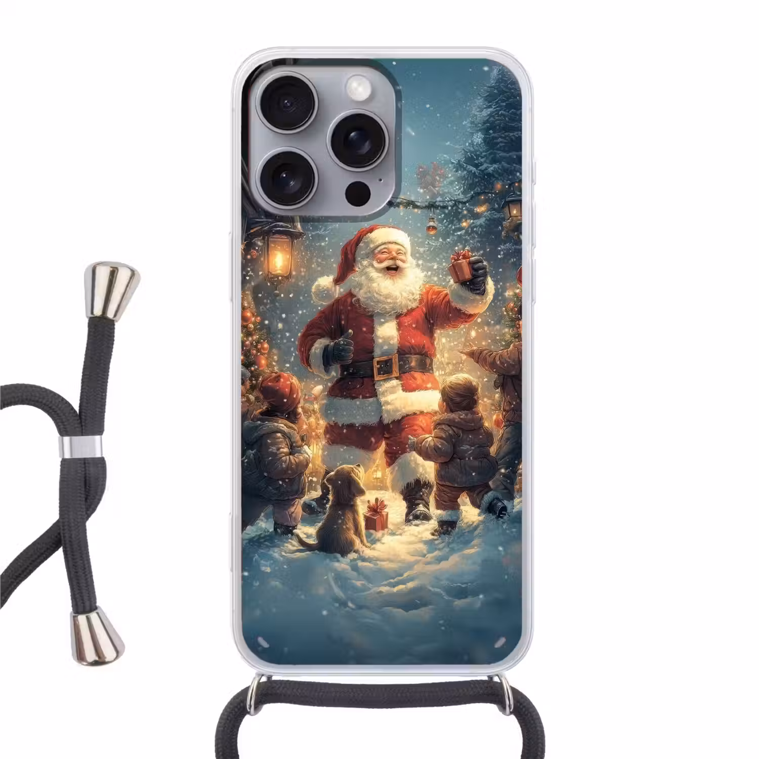 Kerstvreugde - Sneeuw - Kleurrijk Hoesje iPhone 16 Pro Max met koord klein -3d