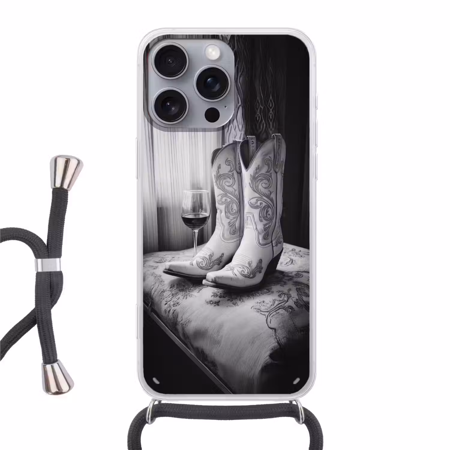 Wijn - Cowboylaarzen - Raamlicht - Wit Hoesje iPhone 16 Pro Max met koord klein -3d