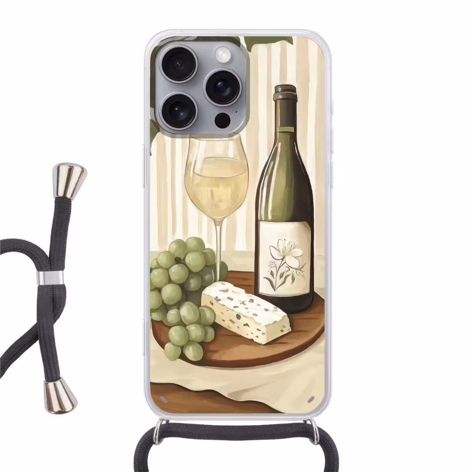Wijn - Druiven - Kaas - Bladeren Hoesje iPhone 16 Pro Max met koord klein -3d