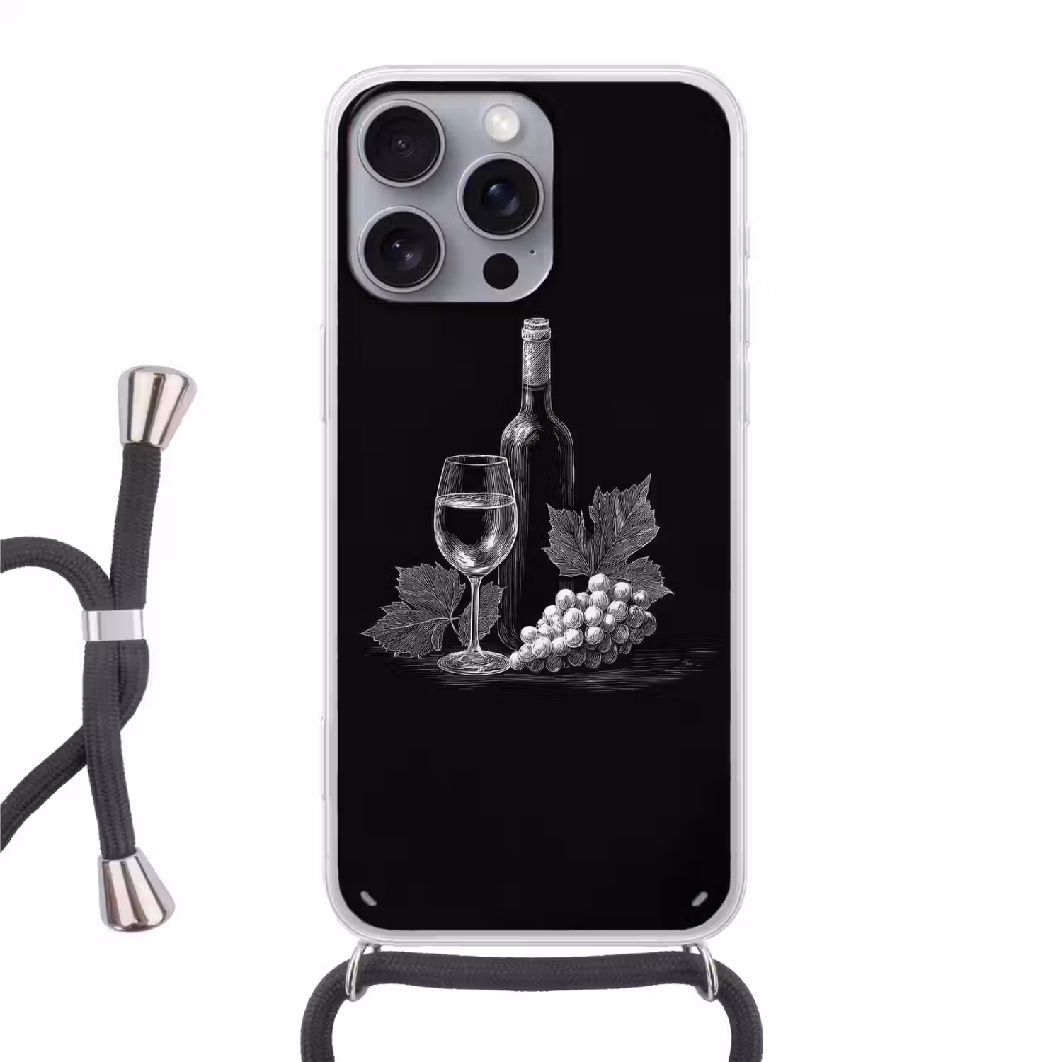 Wijnfles - Glas - Druiven - Bladeren Hoesje iPhone 16 Pro Max met koord klein -3d