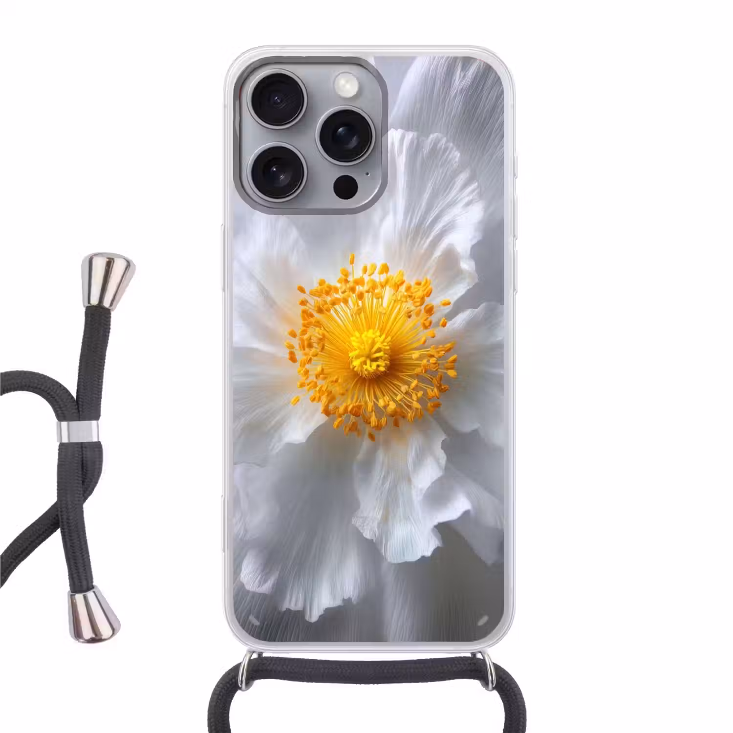 Wit - Bloem - Elegant Hoesje iPhone 16 Pro Max met koord klein -3d
