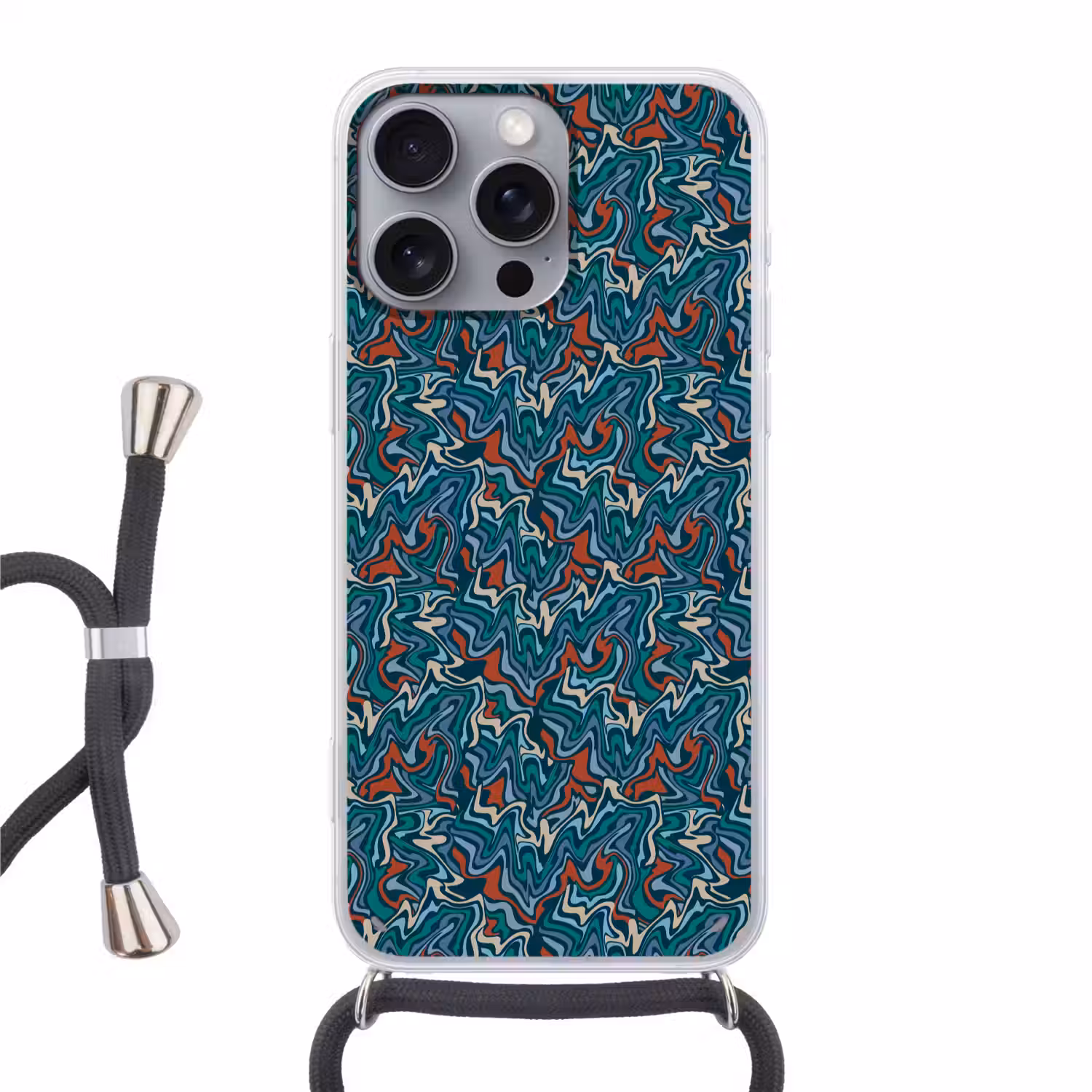 Golven - Retro - Blauw - Patroon Hoesje iPhone 16 Pro Max met koord klein 804 -3d