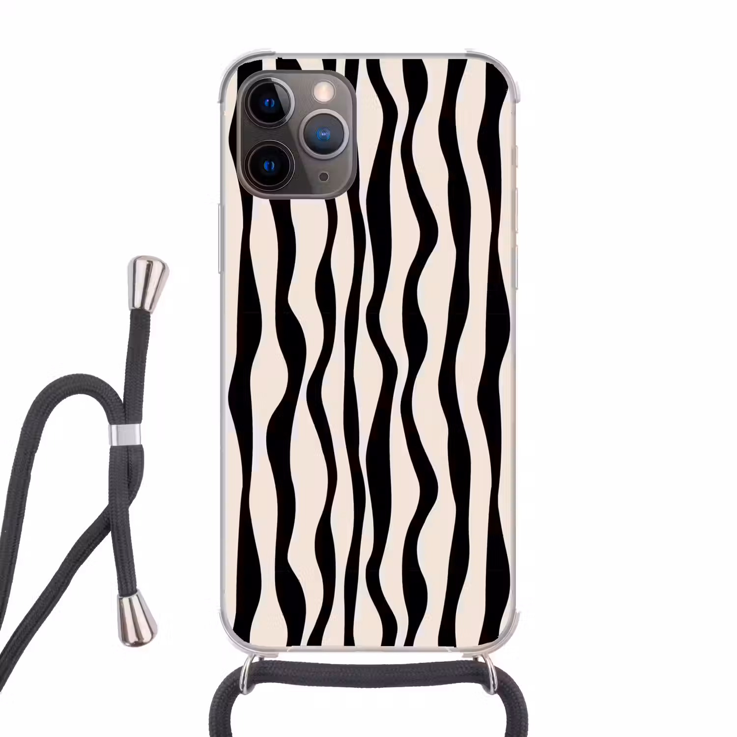 Golvende lijnen - Beige - Zwart - Abstract Hoesje iPhone 12 Pro met koord klein -3d