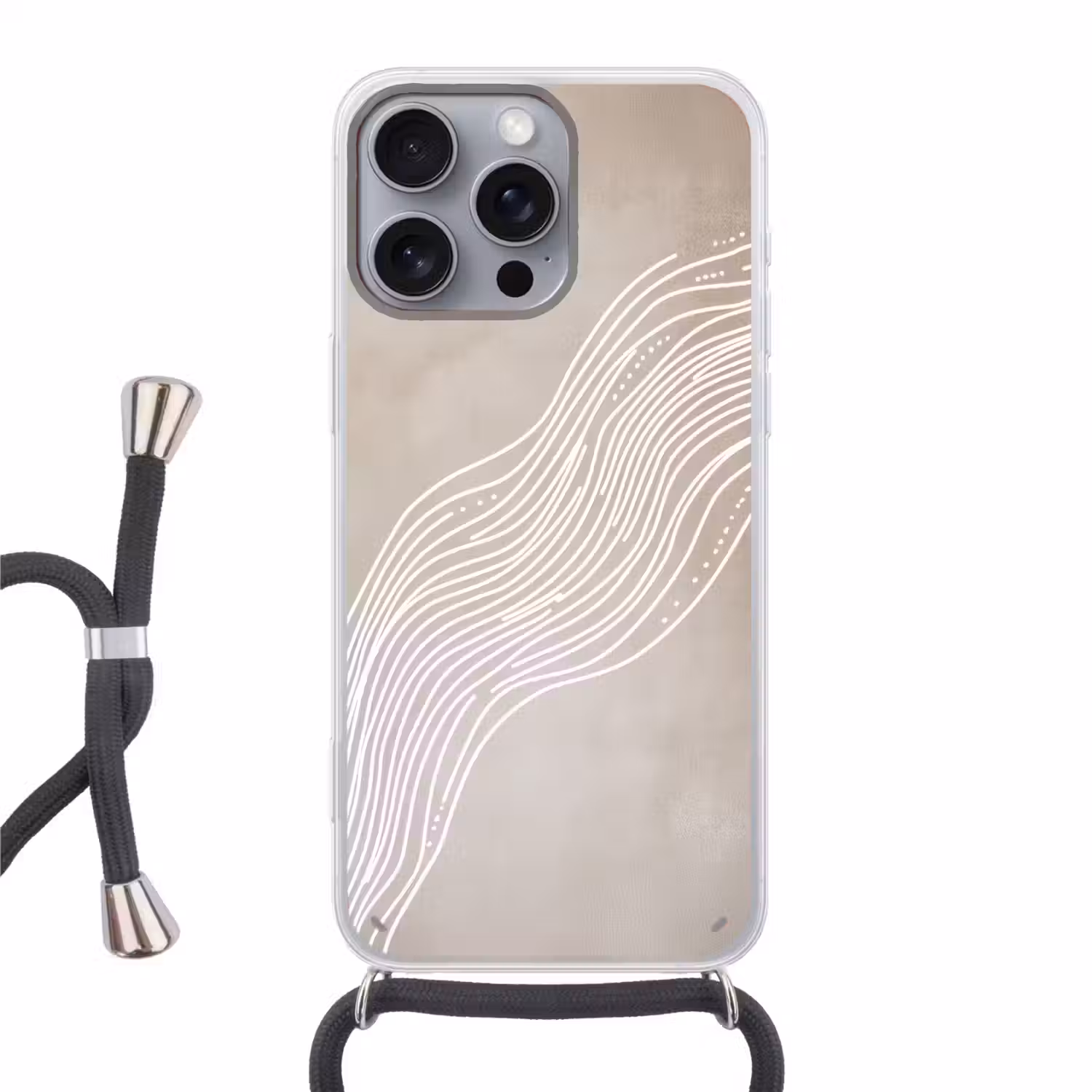 Golvende lijnen - Vloeiend - Zandkleurig Hoesje iPhone 16 Pro Max met koord klein -3d