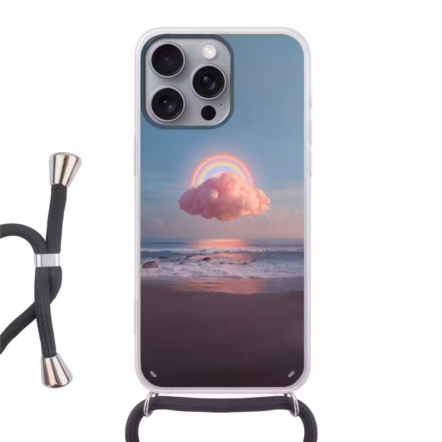 Wolk - Regenboog - Zee Hoesje iPhone 16 Pro Max met koord klein -3d
