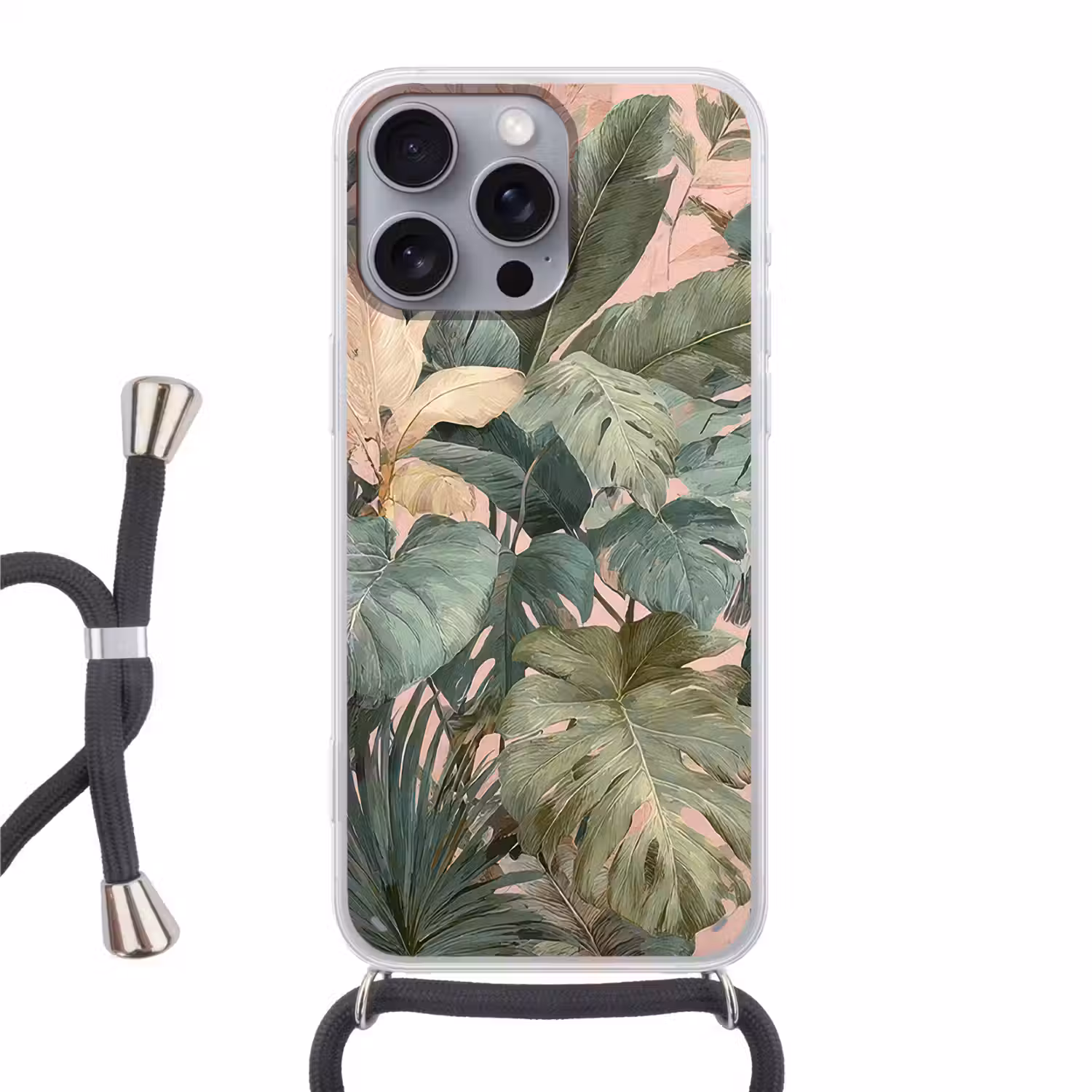 Compositie van bladeren - Groen - Roze Hoesje iPhone 16 Pro Max met koord klein -3d